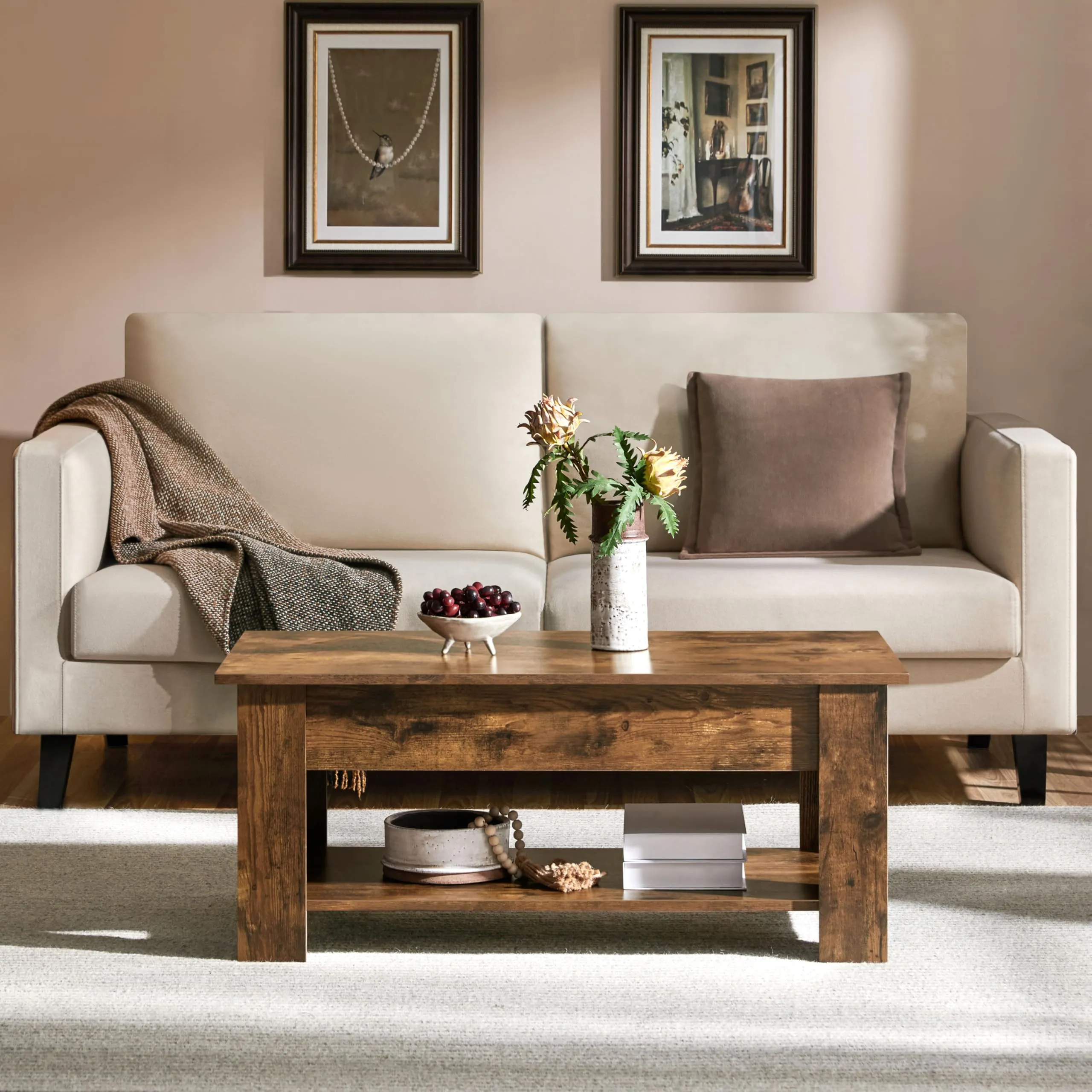 Yaheetech Tavolino da Caffè Sollevabile 98 x 50 x 42-56 cm Marrone Rustico - immagine 9