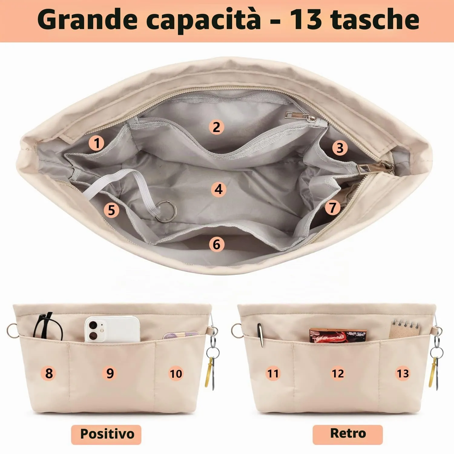 SUPRBIRD Organizzatore Borsa Donna in Nylon con Cerniera, 13 Tasche, Beige (L) - immagine 2