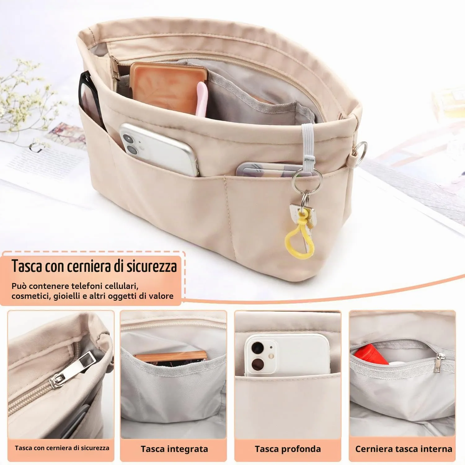 SUPRBIRD Organizzatore Borsa Donna in Nylon con Cerniera, 13 Tasche, Beige (L) - immagine 3