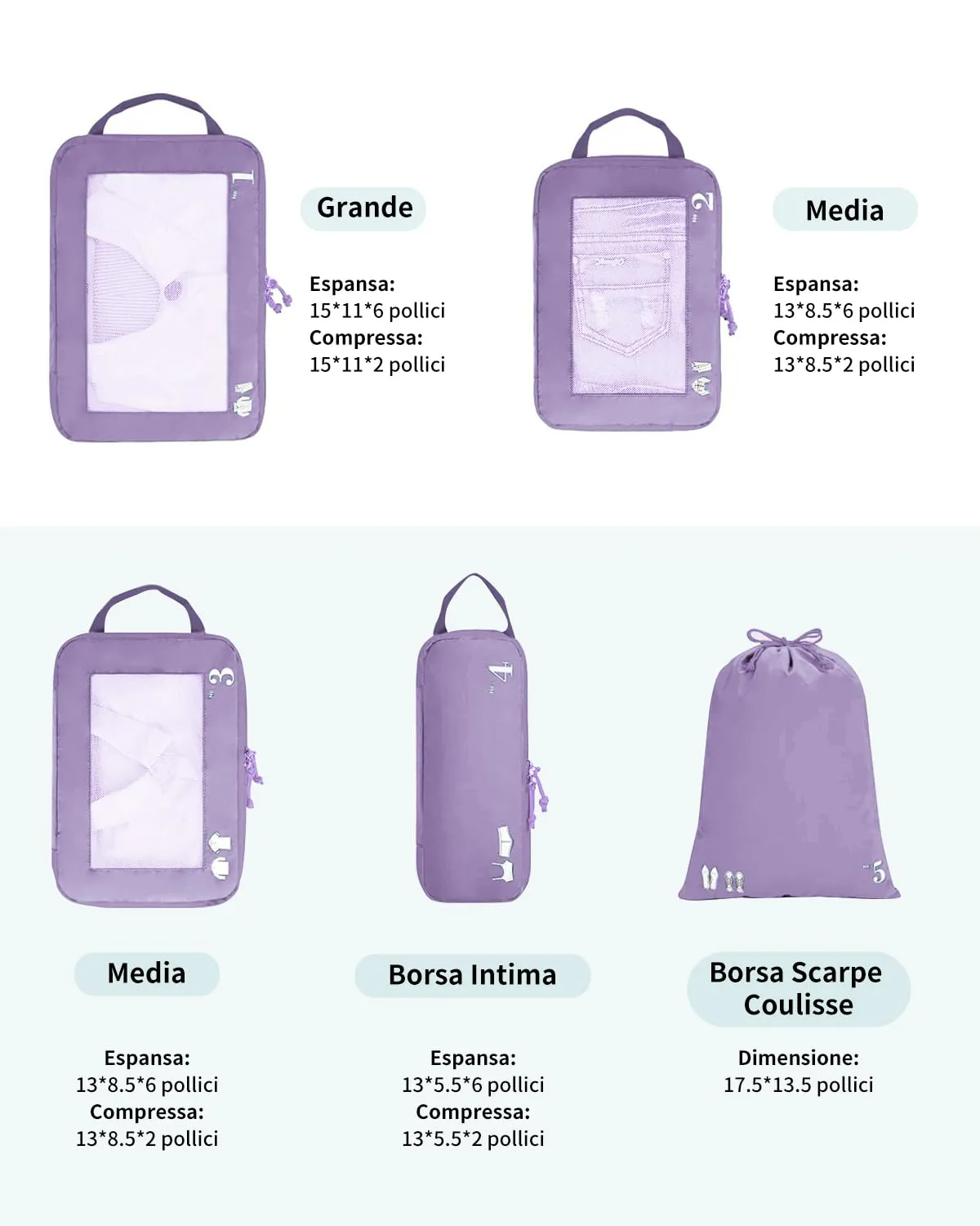 ECOHUB Organizer Valigia Compressione 5 Pezzi, Packing Cubes Set Organizzatore Viaggio (Viola Chiaro) - immagine 2