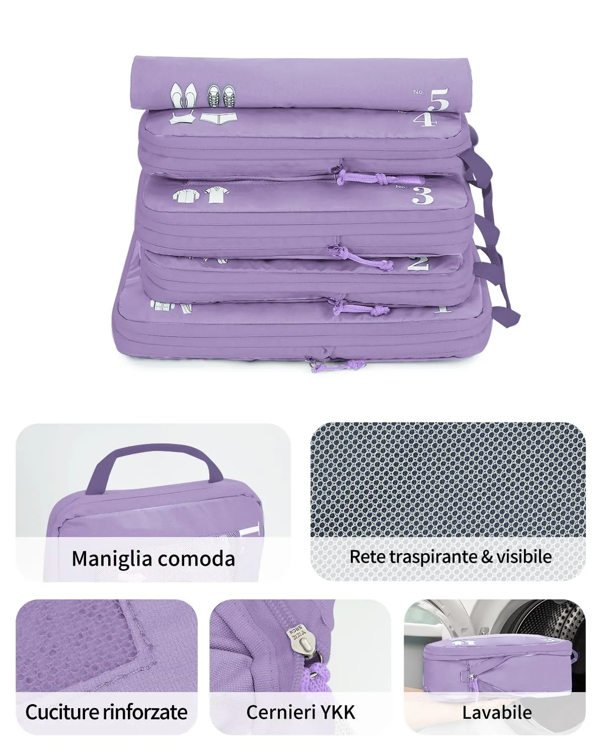 ECOHUB Organizer Valigia Compressione 5 Pezzi, Packing Cubes Set Organizzatore Viaggio (Viola Chiaro) - immagine 6