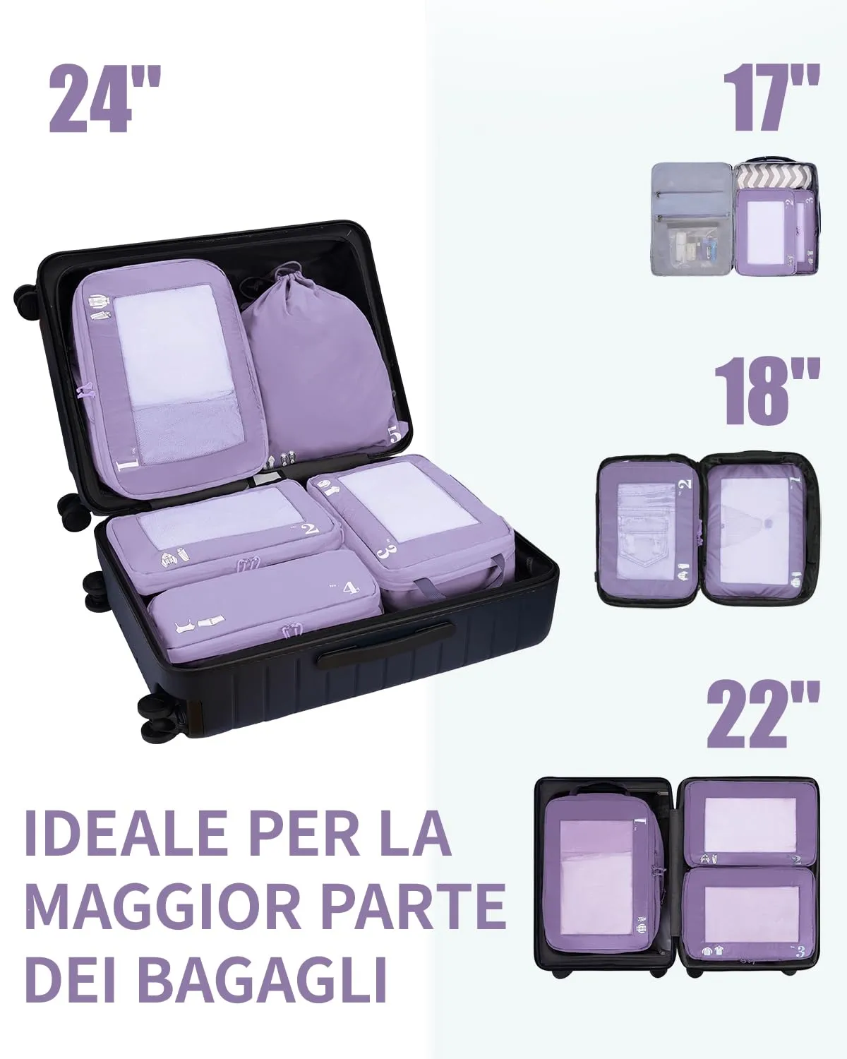 ECOHUB Organizer Valigia Compressione 5 Pezzi, Packing Cubes Set Organizzatore Viaggio (Viola Chiaro) - immagine 7