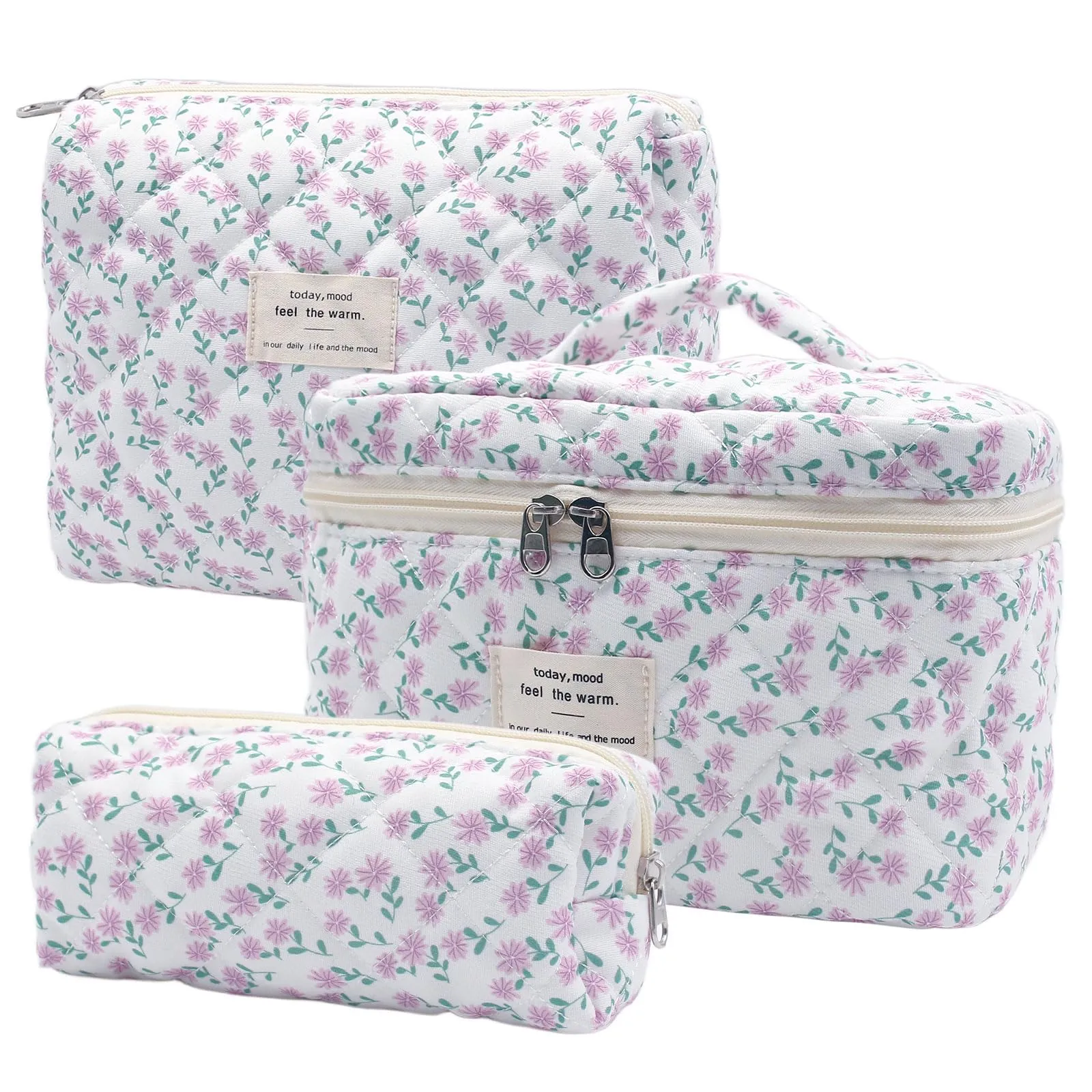 Criveple Set di 3 Beauty Case da Viaggio in Cotone, Borsa Porta Trucchi Organizer Lavabile, Fiori Viola - immagine 1