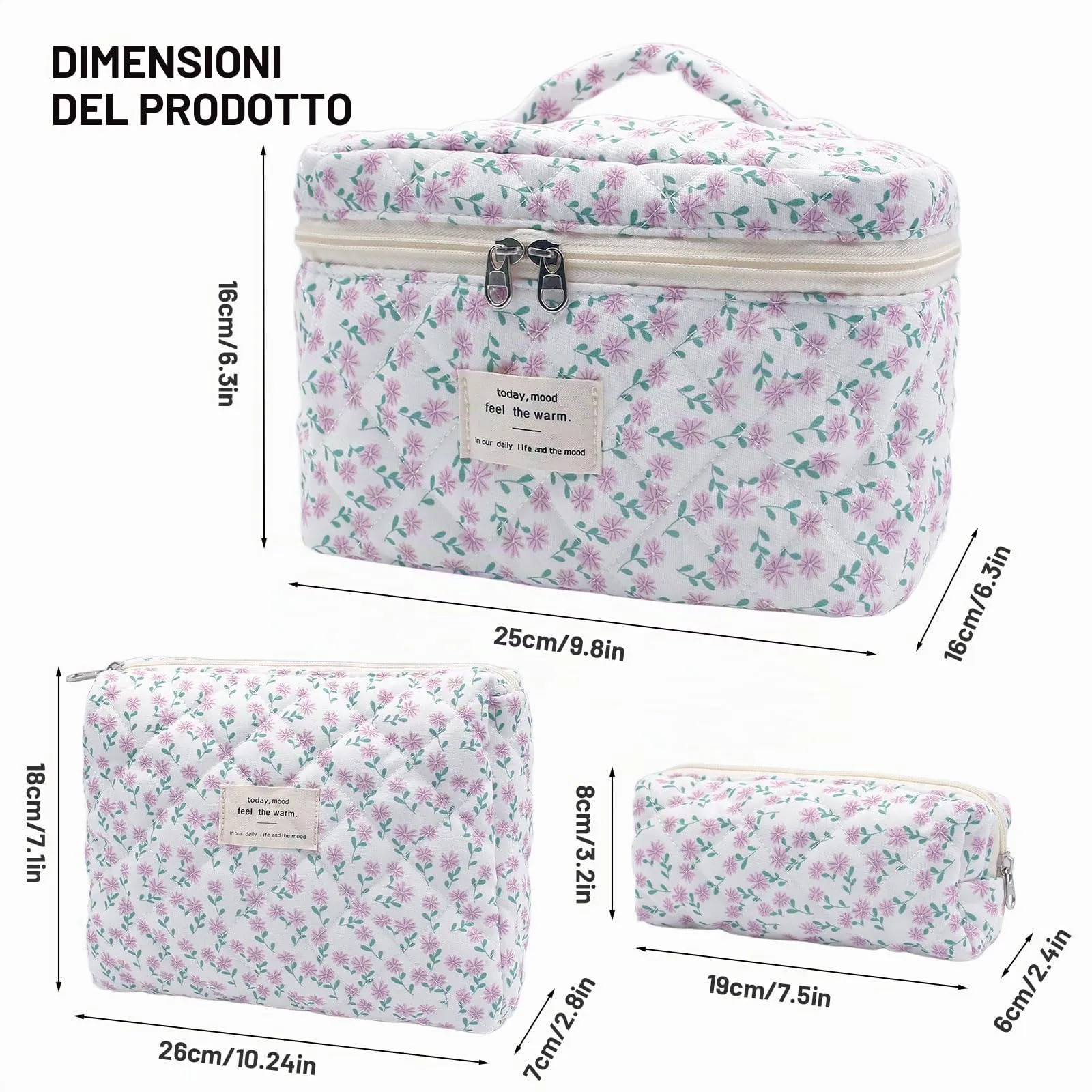 Criveple Set di 3 Beauty Case da Viaggio in Cotone, Borsa Porta Trucchi Organizer Lavabile, Fiori Viola - immagine 2