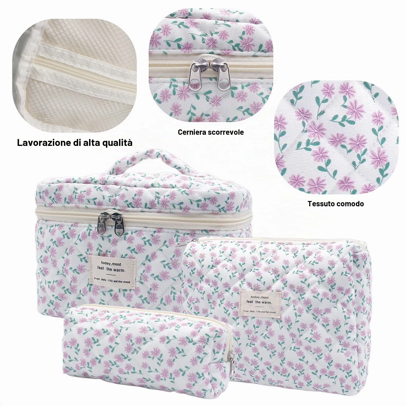 Criveple Set di 3 Beauty Case da Viaggio in Cotone, Borsa Porta Trucchi Organizer Lavabile, Fiori Viola - immagine 3