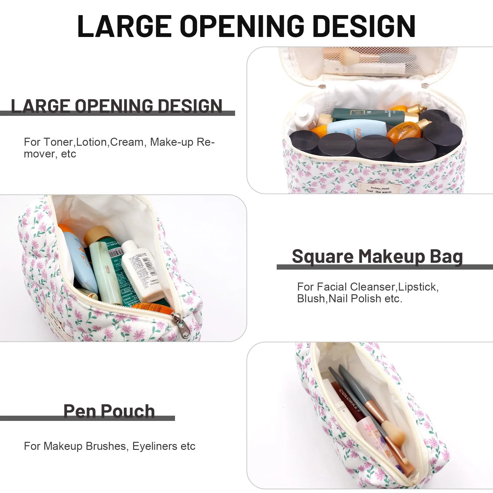 Criveple Set di 3 Beauty Case da Viaggio in Cotone, Borsa Porta Trucchi Organizer Lavabile, Fiori Viola - immagine 4