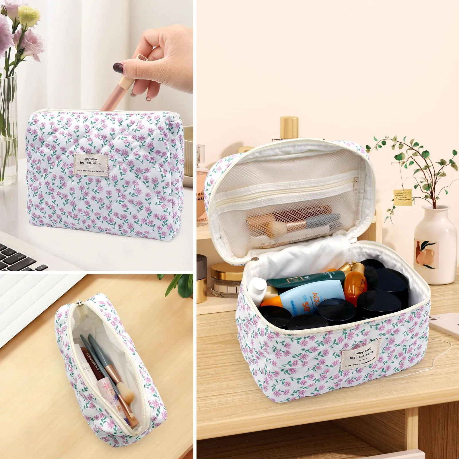 Criveple Set di 3 Beauty Case da Viaggio in Cotone, Borsa Porta Trucchi Organizer Lavabile, Fiori Viola - immagine 6