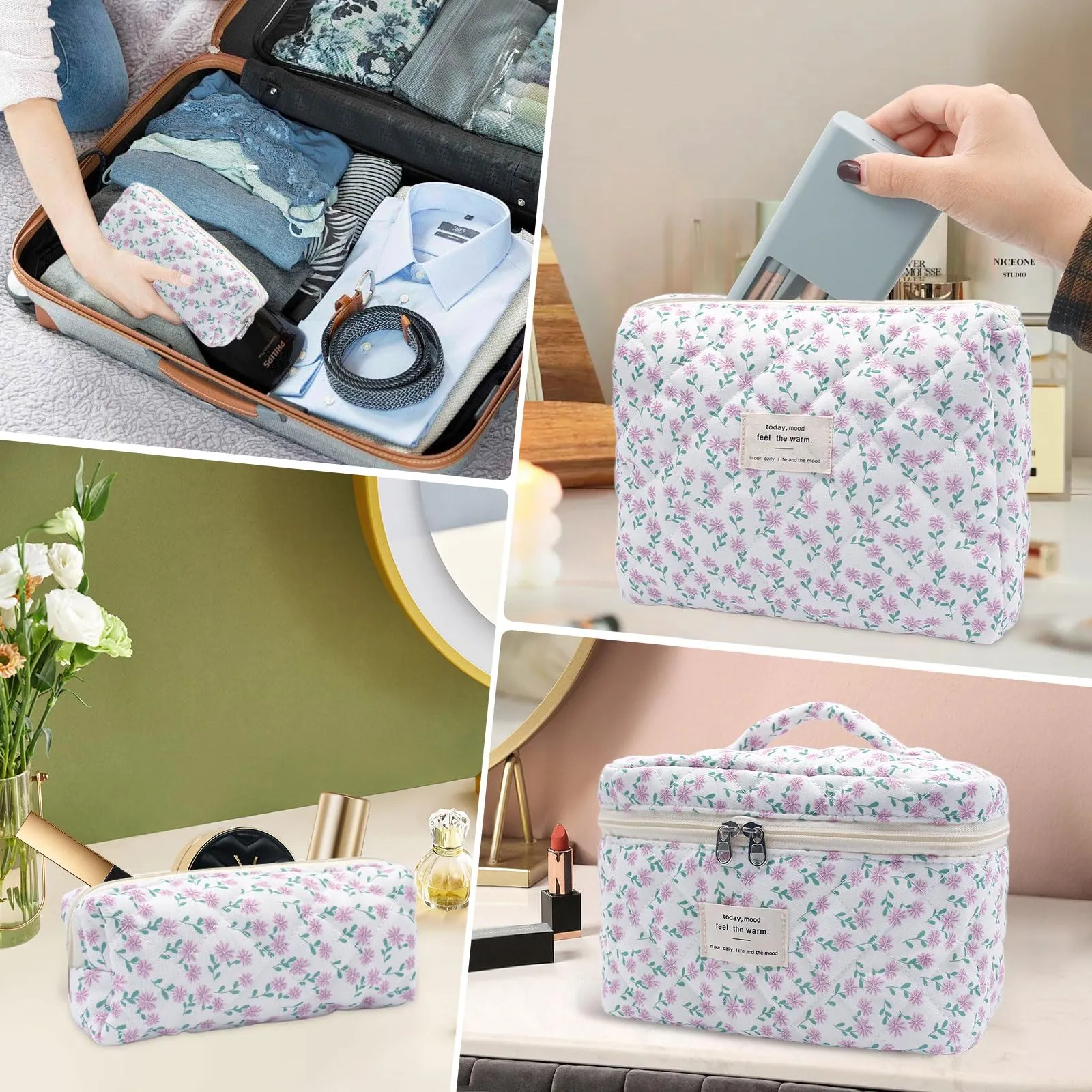 Criveple Set di 3 Beauty Case da Viaggio in Cotone, Borsa Porta Trucchi Organizer Lavabile, Fiori Viola - immagine 7