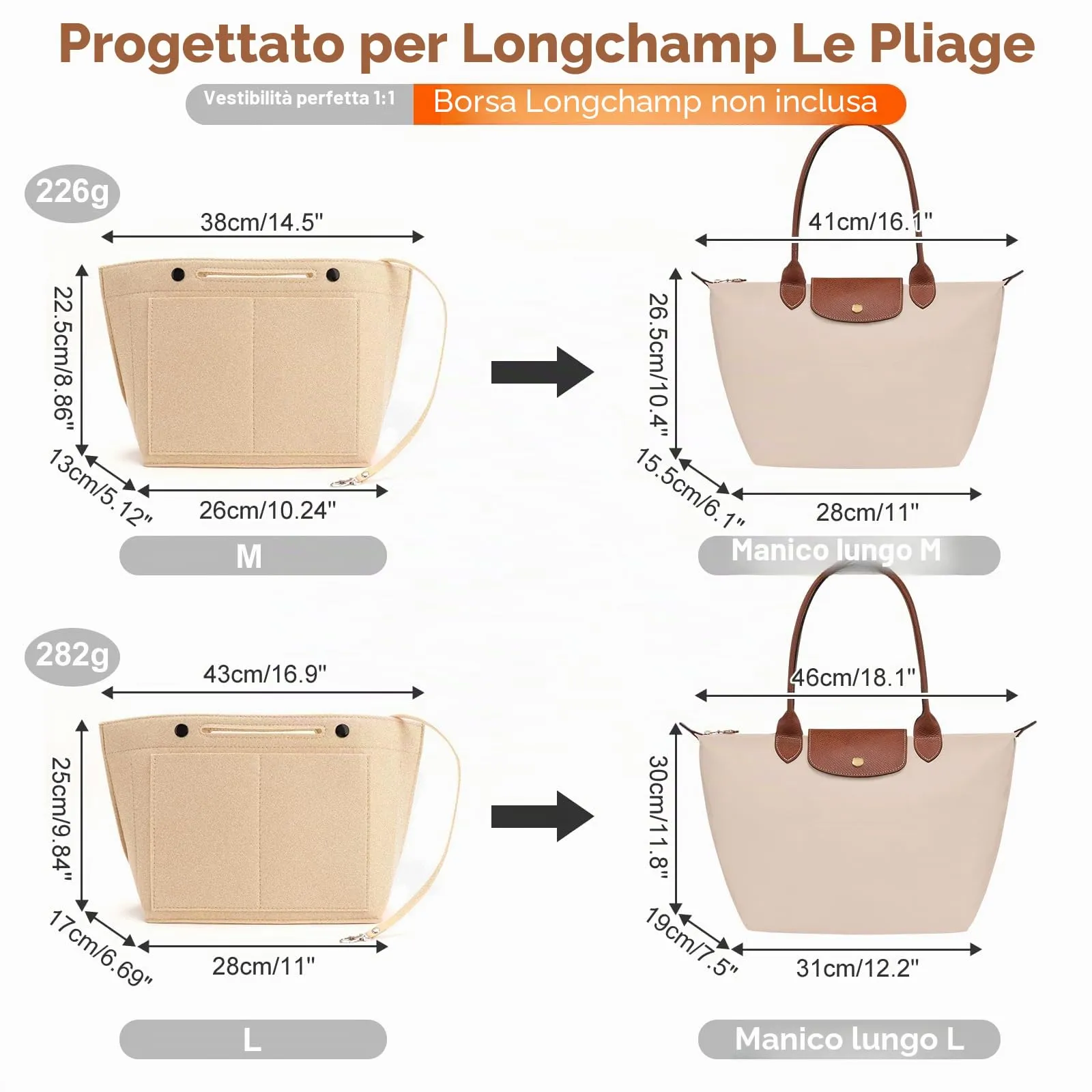 ZOLGINAH Organizer in Feltro per Borsa Longchamp Le Pliage, con Scomparto Estraibile e Portachiavi, Beige, L - immagine 2
