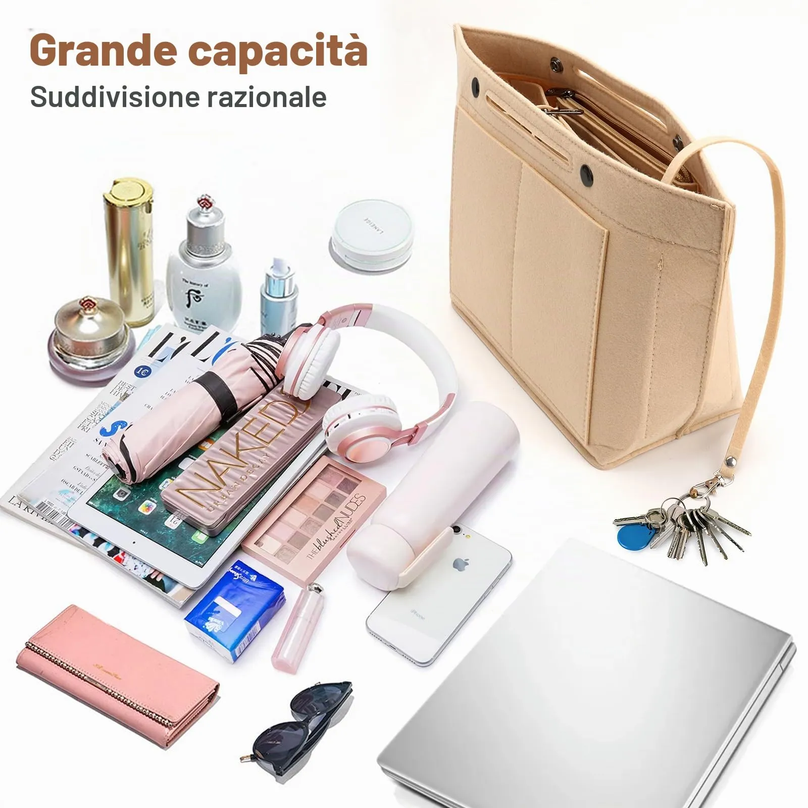 ZOLGINAH Organizer in Feltro per Borsa Longchamp Le Pliage, con Scomparto Estraibile e Portachiavi, Beige, L - immagine 3