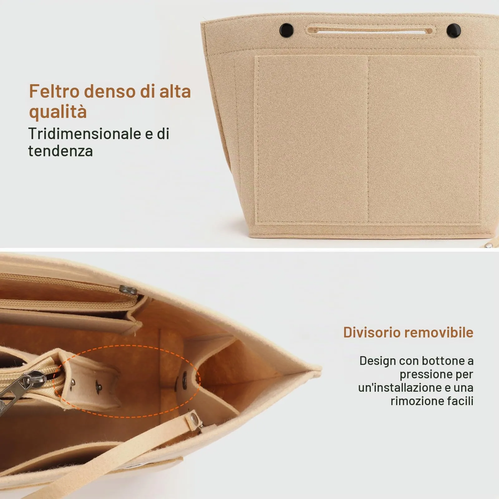 ZOLGINAH Organizer in Feltro per Borsa Longchamp Le Pliage, con Scomparto Estraibile e Portachiavi, Beige, L - immagine 4