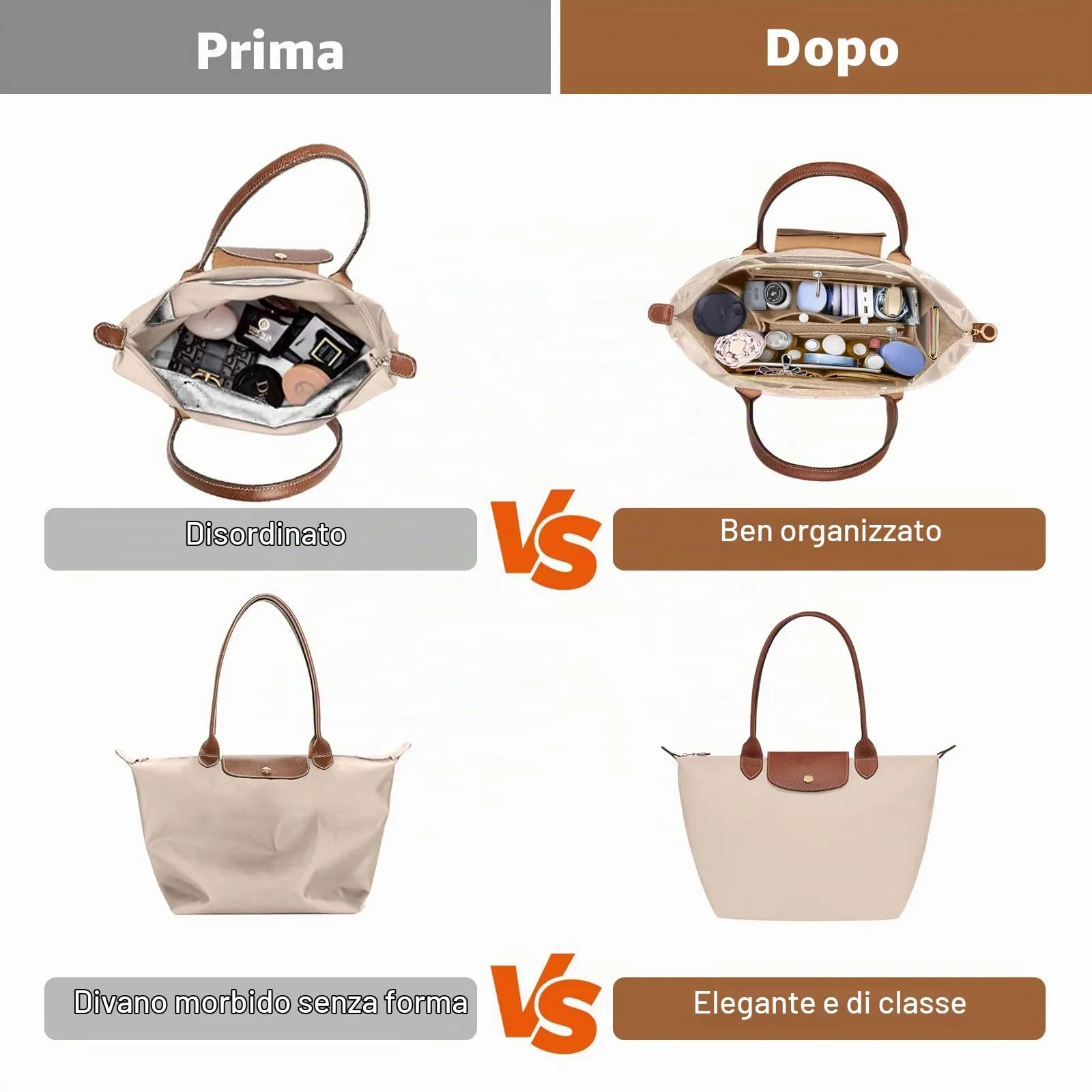 ZOLGINAH Organizer in Feltro per Borsa Longchamp Le Pliage, con Scomparto Estraibile e Portachiavi, Beige, L - immagine 6