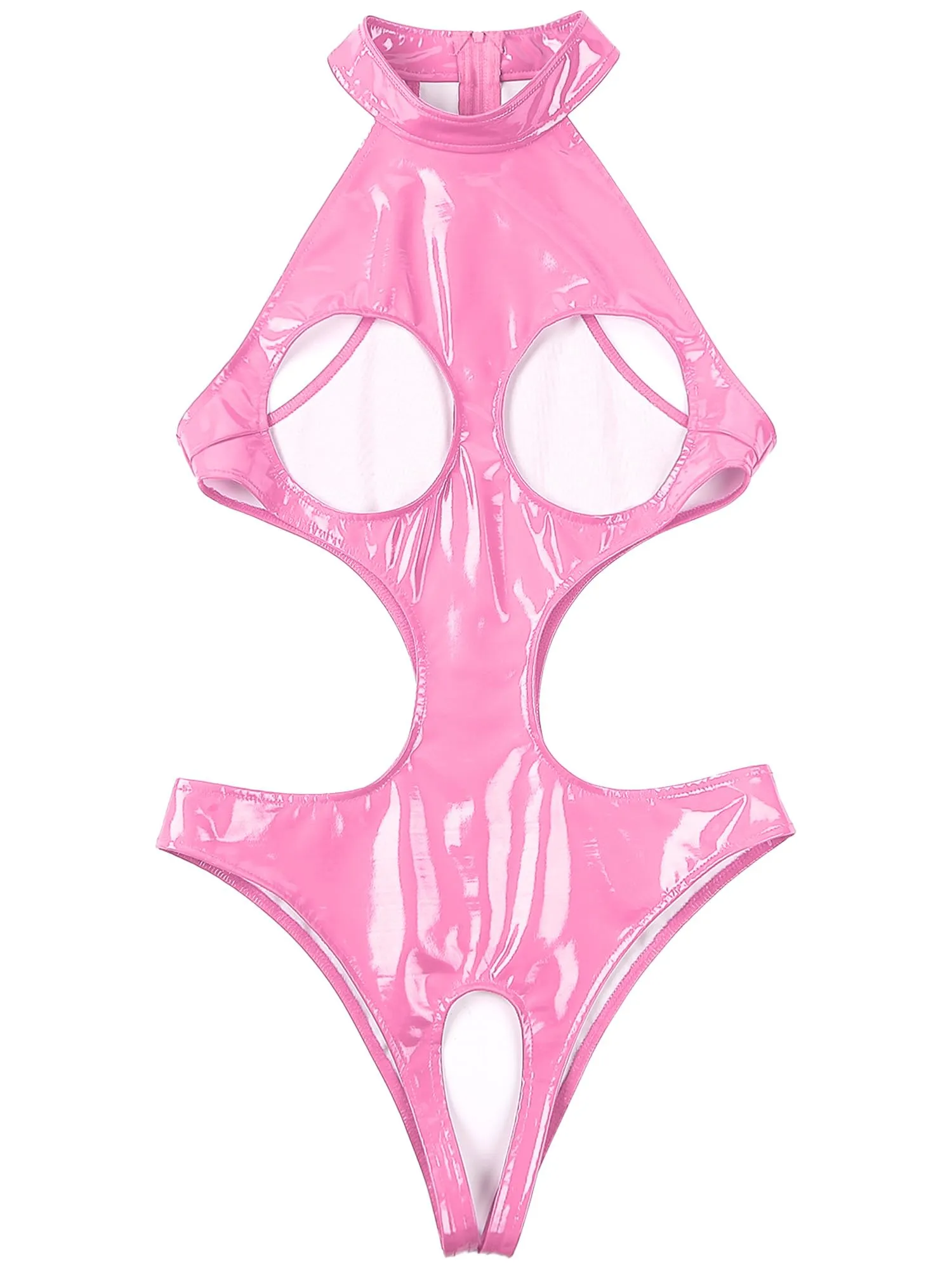 Sinleey Donne Wetlook Body Latex Catsuit Pelle Lucida Rosa XXL - immagine 3