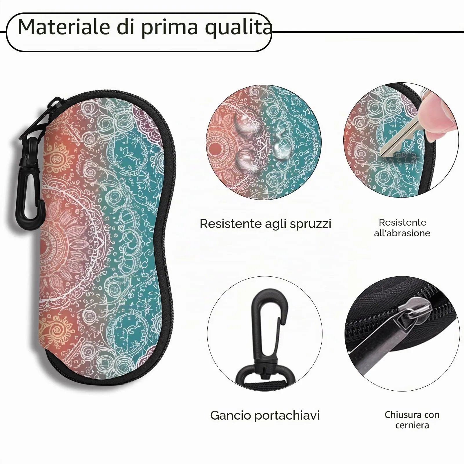 Hion Custodia morbida per occhiali da sole in neoprene con cerniera e clip da cintura, Mandala Diamante - immagine 3