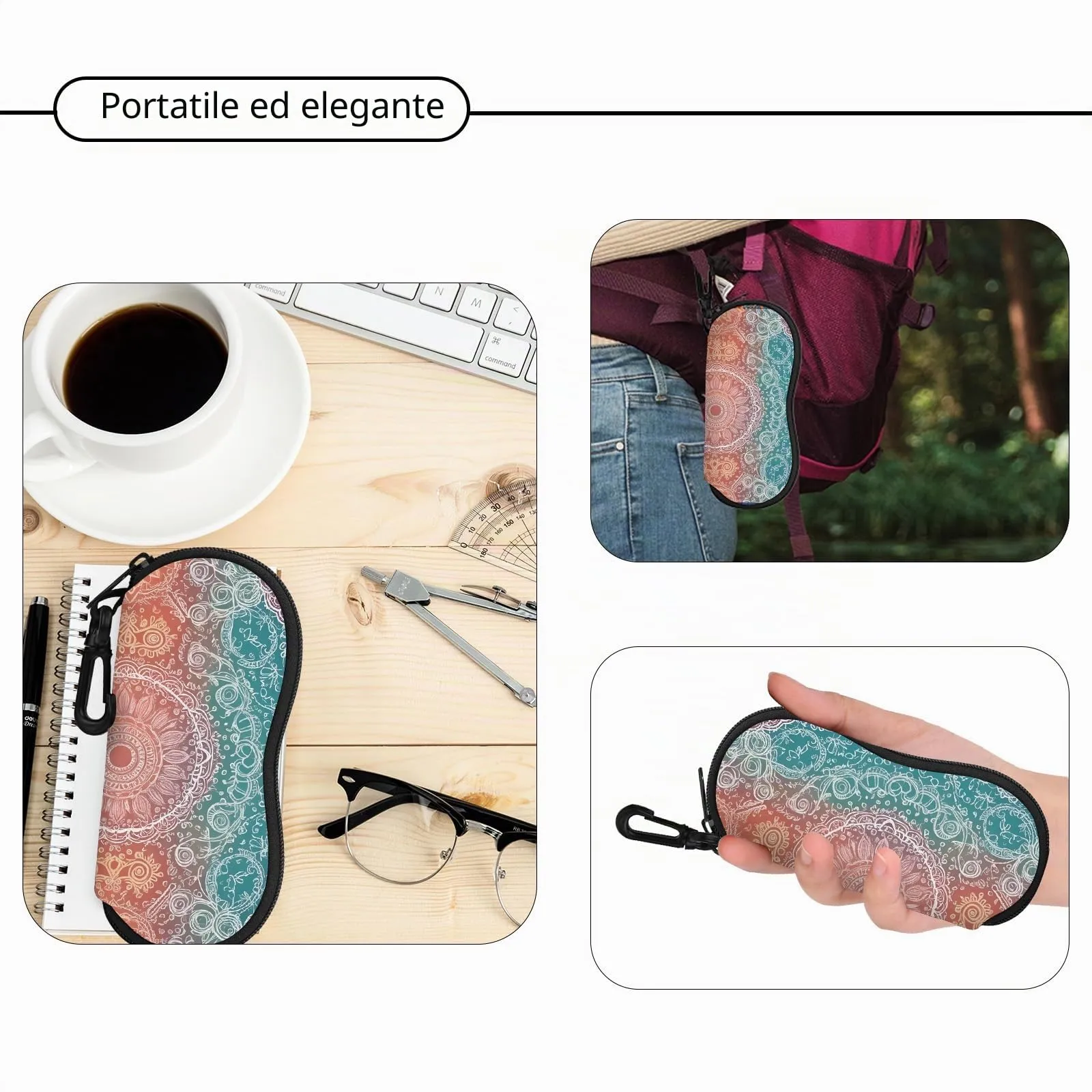 Hion Custodia morbida per occhiali da sole in neoprene con cerniera e clip da cintura, Mandala Diamante - immagine 5