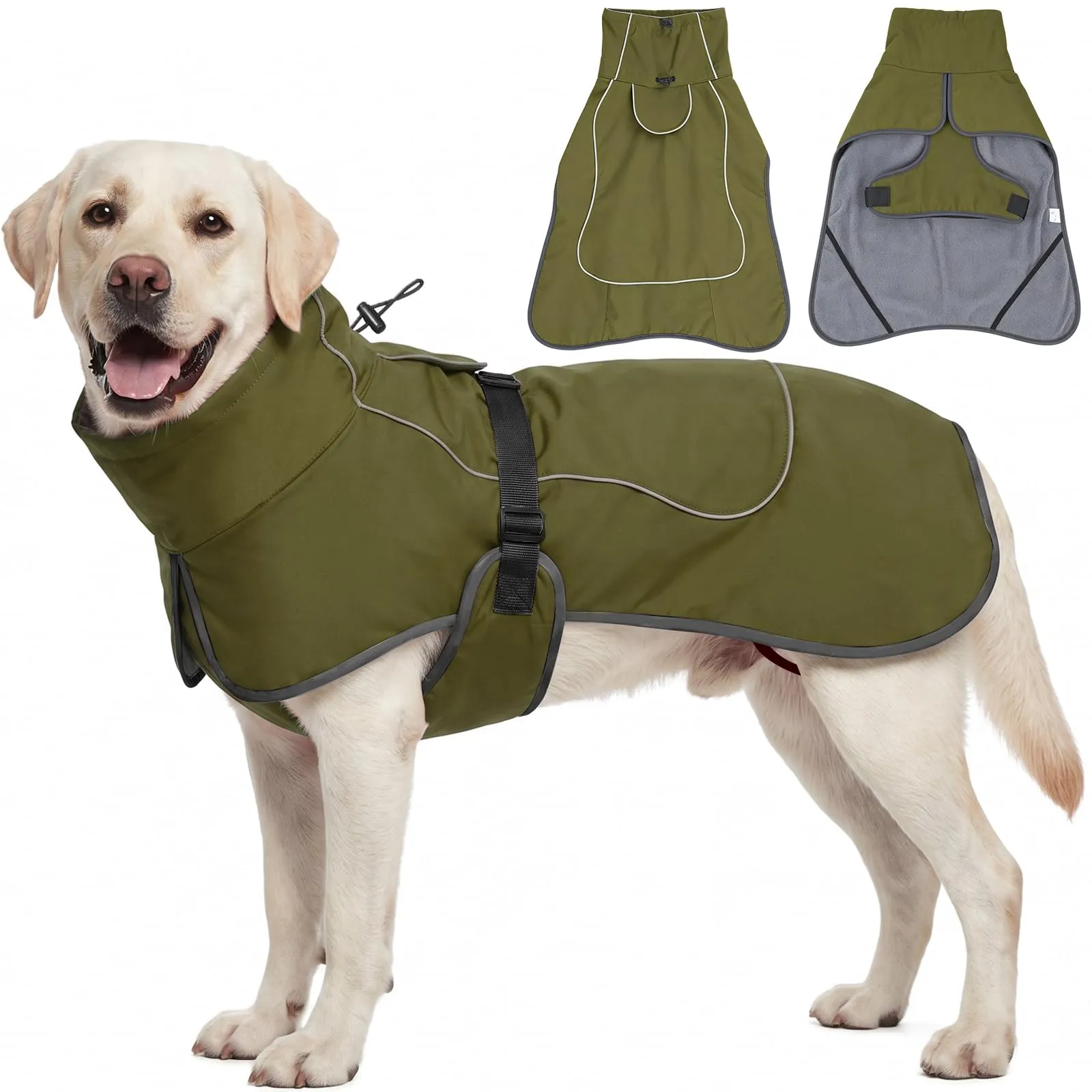 HEYWEAN Giacca per cani impermeabile e riflettente con fodera in pile, verde, taglia S - immagine 1