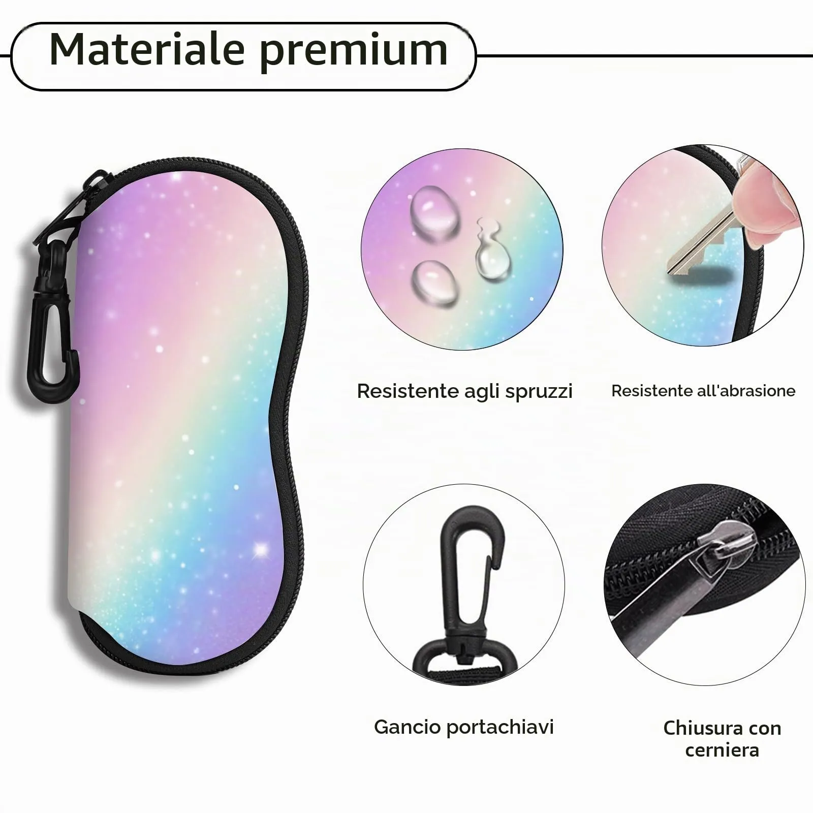 Hion Custodia Morbida per Occhiali da Sole in Neoprene con Clip da Cintura e Cerniera, Stampata Arcobaleno - immagine 3
