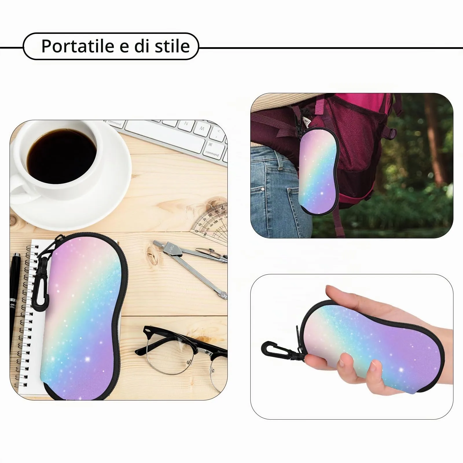 Hion Custodia Morbida per Occhiali da Sole in Neoprene con Clip da Cintura e Cerniera, Stampata Arcobaleno - immagine 5