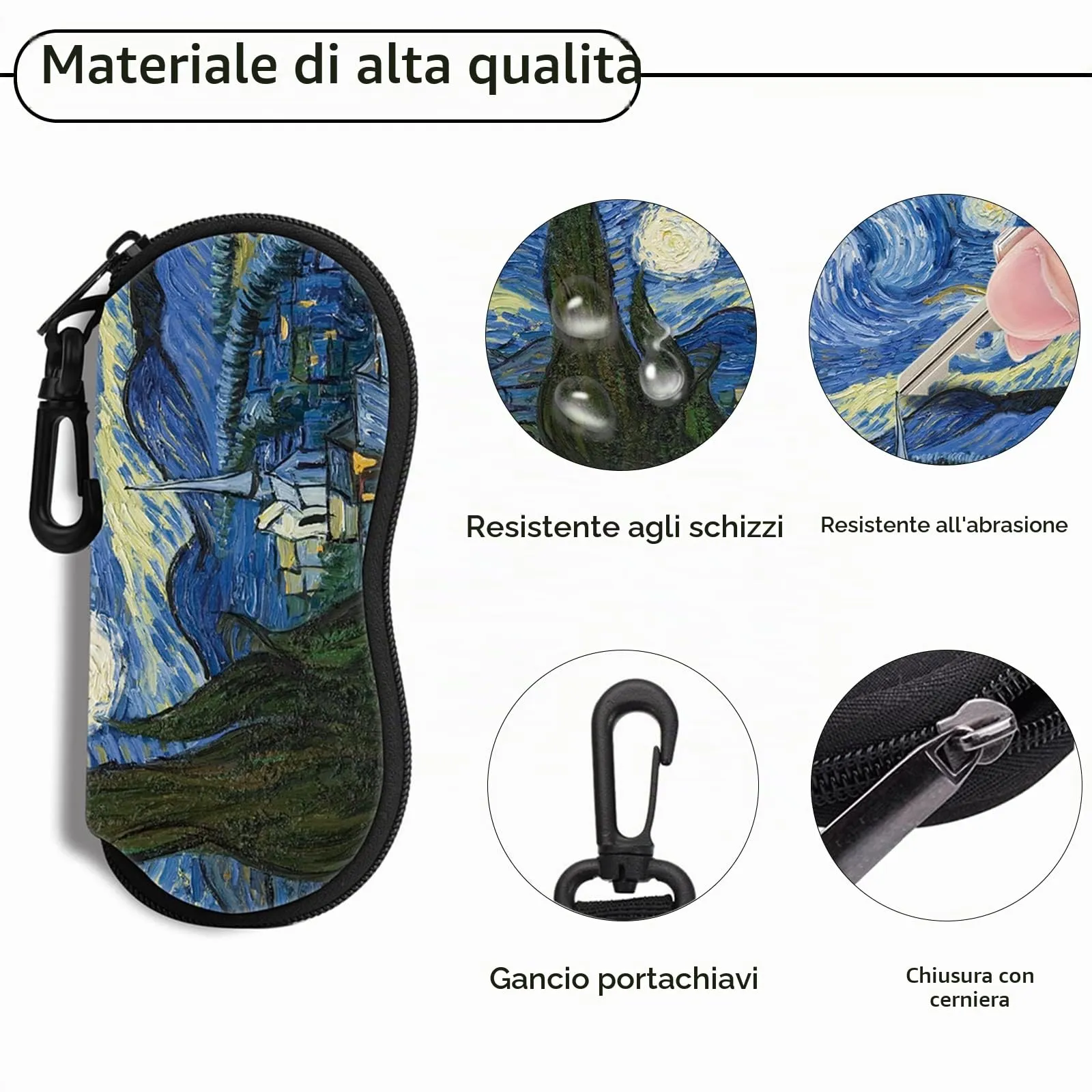 Hion Custodia morbida per occhiali da sole in neoprene con clip da cintura e cerniera, Notte stellata - immagine 3