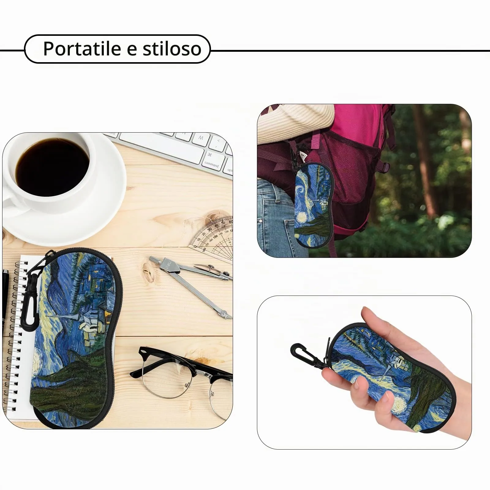 Hion Custodia morbida per occhiali da sole in neoprene con clip da cintura e cerniera, Notte stellata - immagine 5