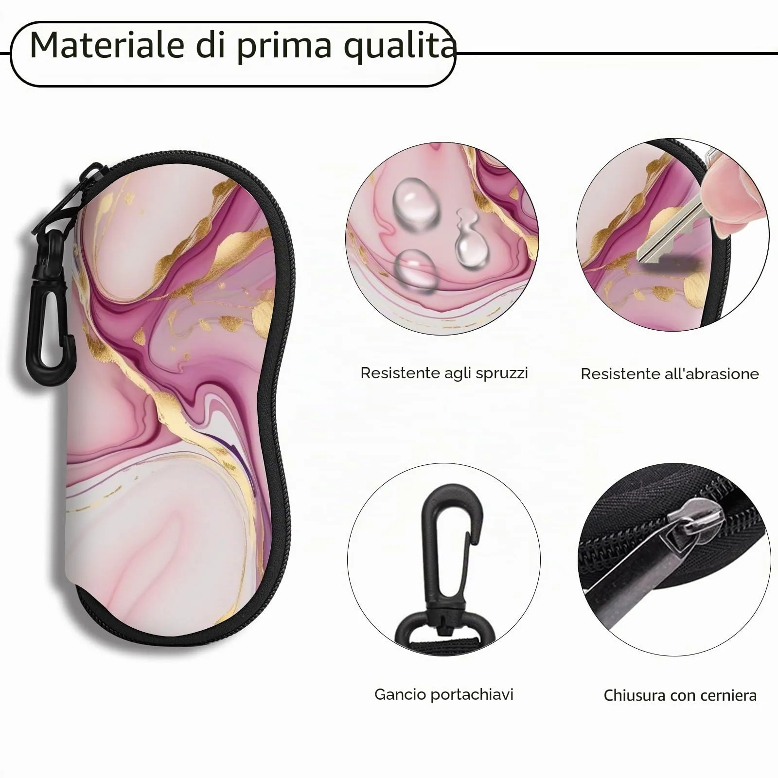Hion Custodia Morbida per Occhiali da Sole in Neoprene con Clip da Cintura e Cerniera, Marmo Rosa - immagine 3