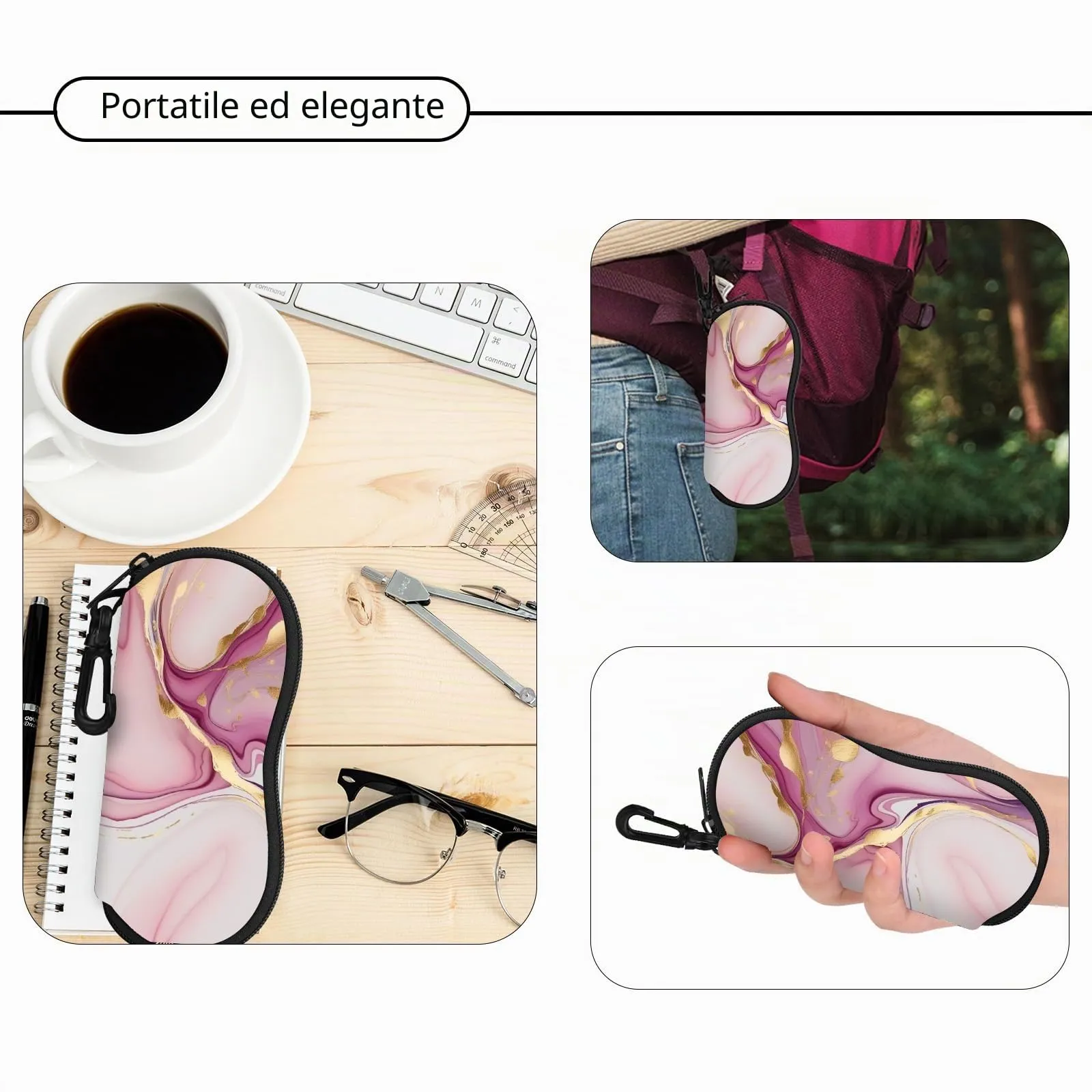 Hion Custodia Morbida per Occhiali da Sole in Neoprene con Clip da Cintura e Cerniera, Marmo Rosa - immagine 5