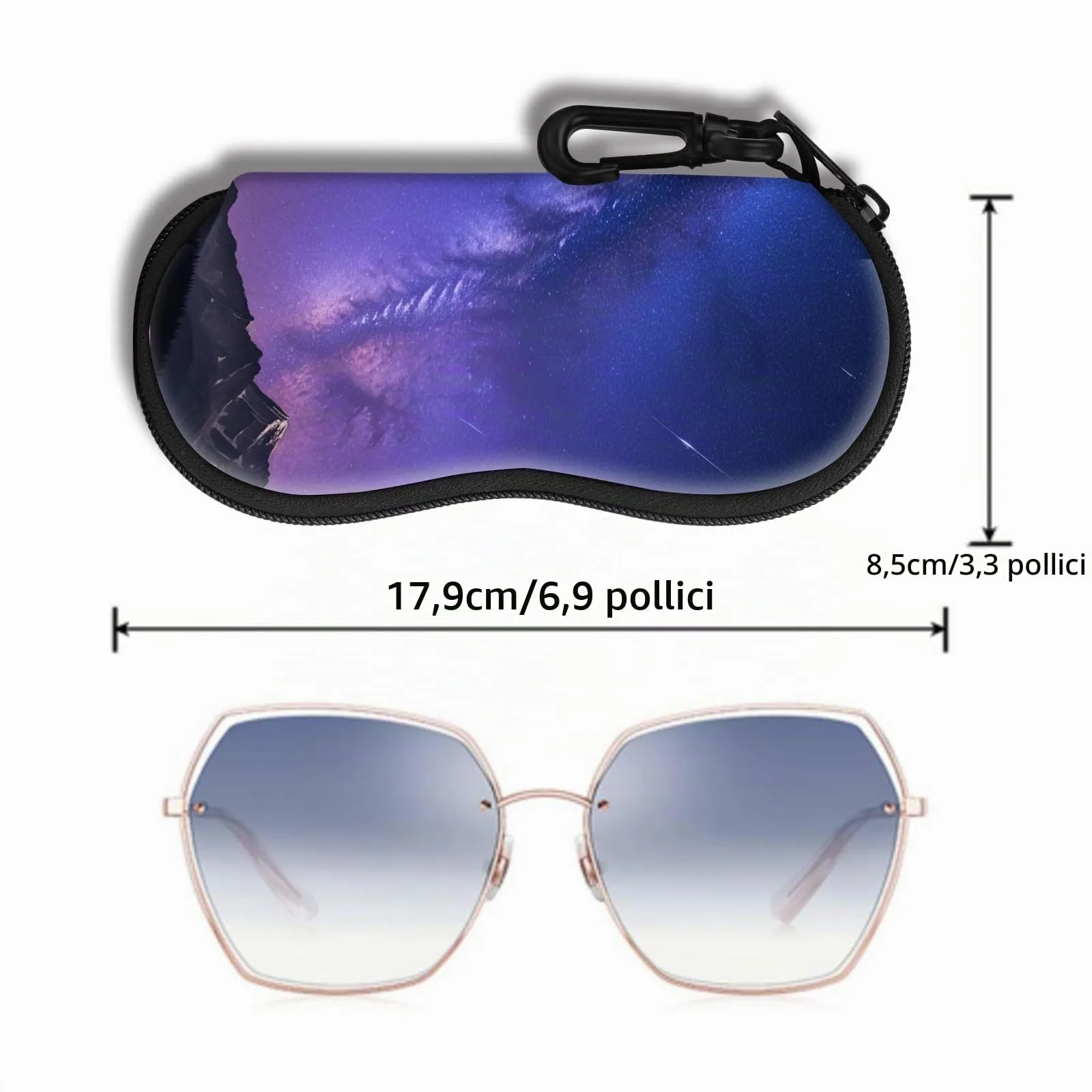 Hion Custodia Morbida per Occhiali da Sole in Neoprene con Clip da Cintura e Cerniera, Stampata Stellato - immagine 2