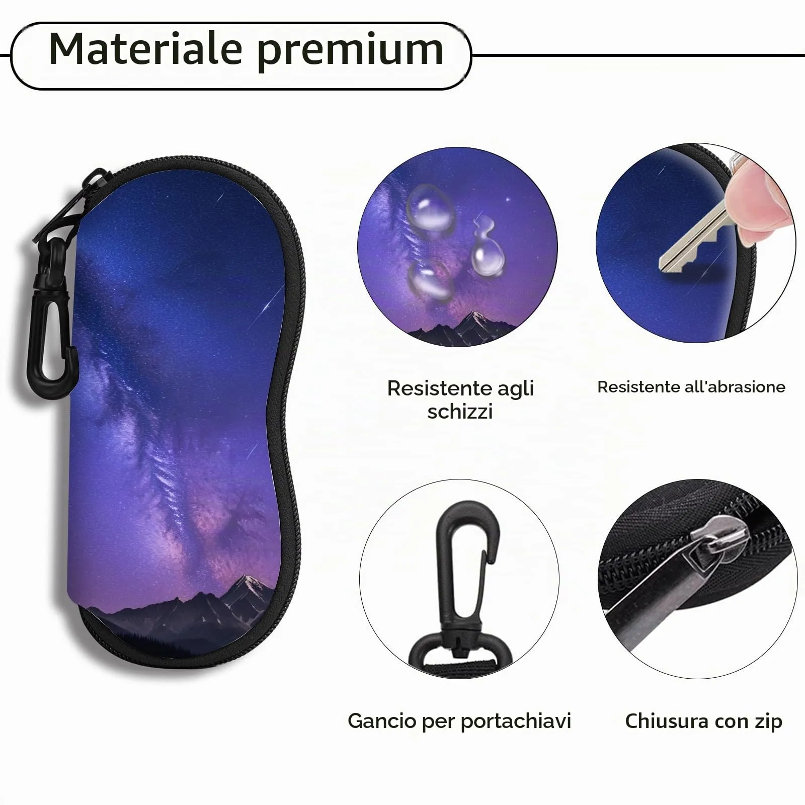 Hion Custodia Morbida per Occhiali da Sole in Neoprene con Clip da Cintura e Cerniera, Stampata Stellato - immagine 3