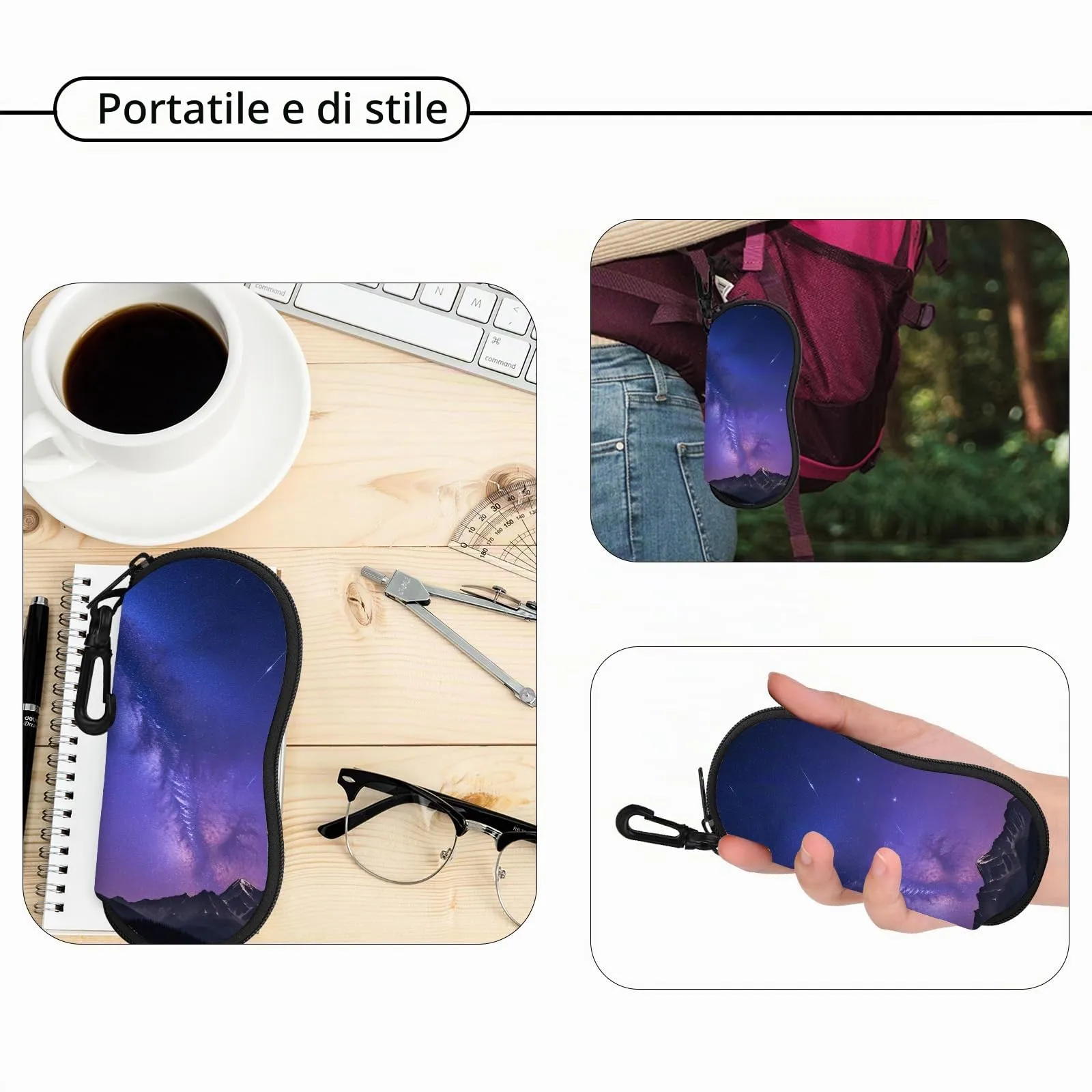 Hion Custodia Morbida per Occhiali da Sole in Neoprene con Clip da Cintura e Cerniera, Stampata Stellato - immagine 5