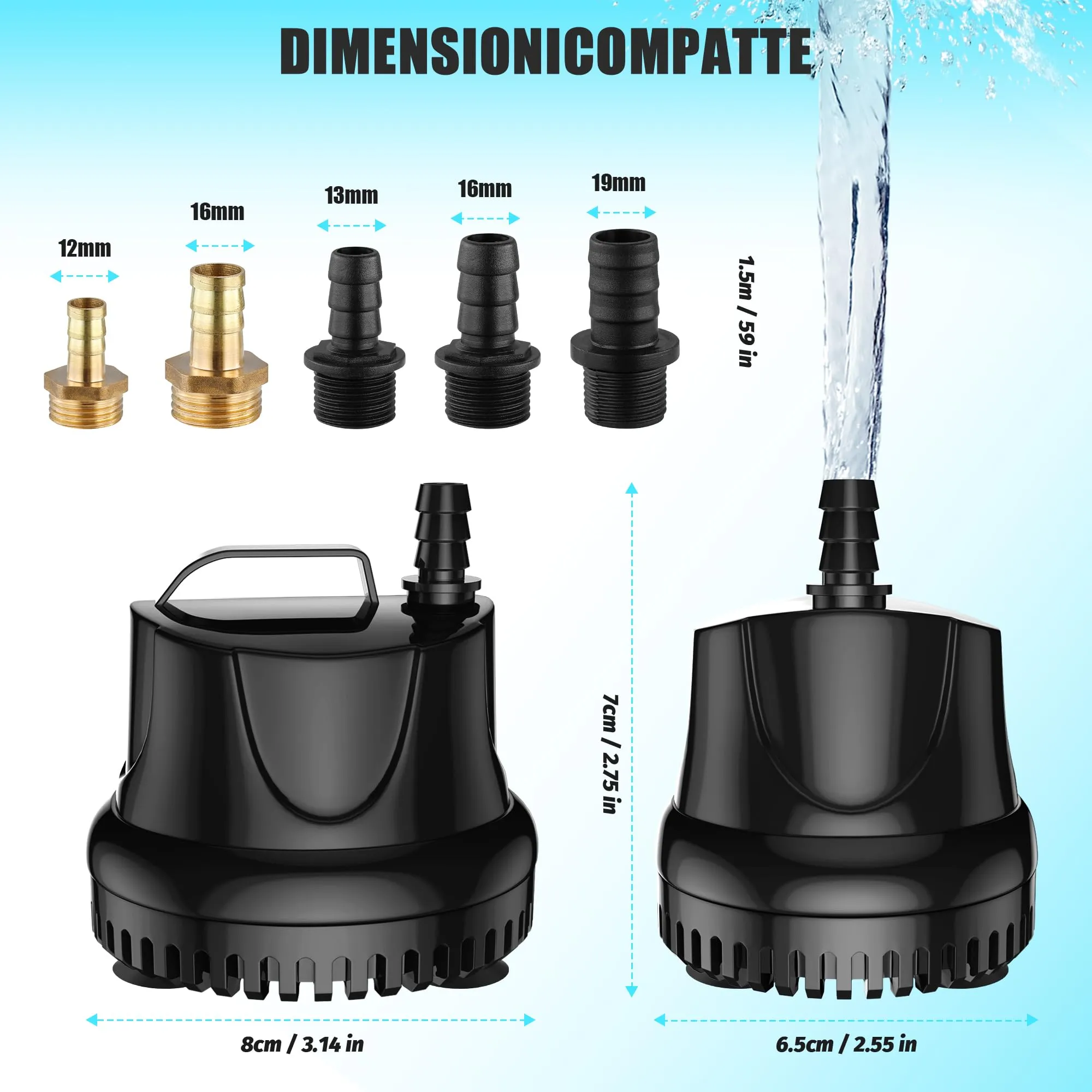 Lnicez Pompa ad Acqua Sommergibile 25W 1500L/H per Acquario, Fontane e Stagni con 5 Ugelli e Tubo Flessibile 1.5M AC220-240V - immagine 6