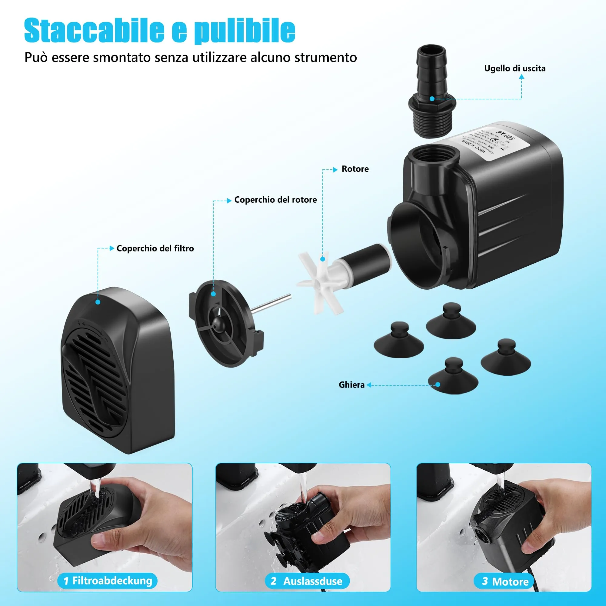 Lnicez Pompa ad Acqua Sommergibile 25W 2000 L/H per Acquario, Stagno e Fontana da Giardino con 5 Ugelli - immagine 4