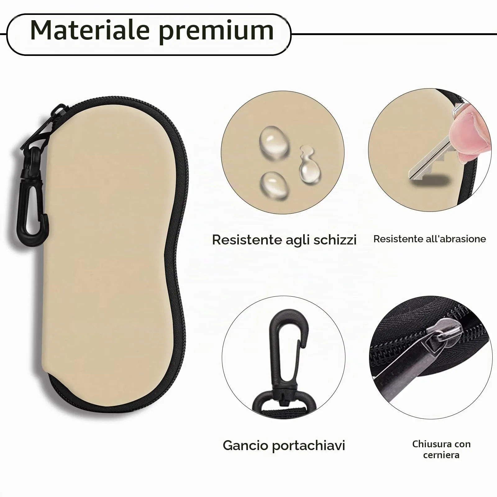 Hion Custodia morbida per occhiali da sole in neoprene con clip da cintura e cerniera, stampata (Cachi) - immagine 3