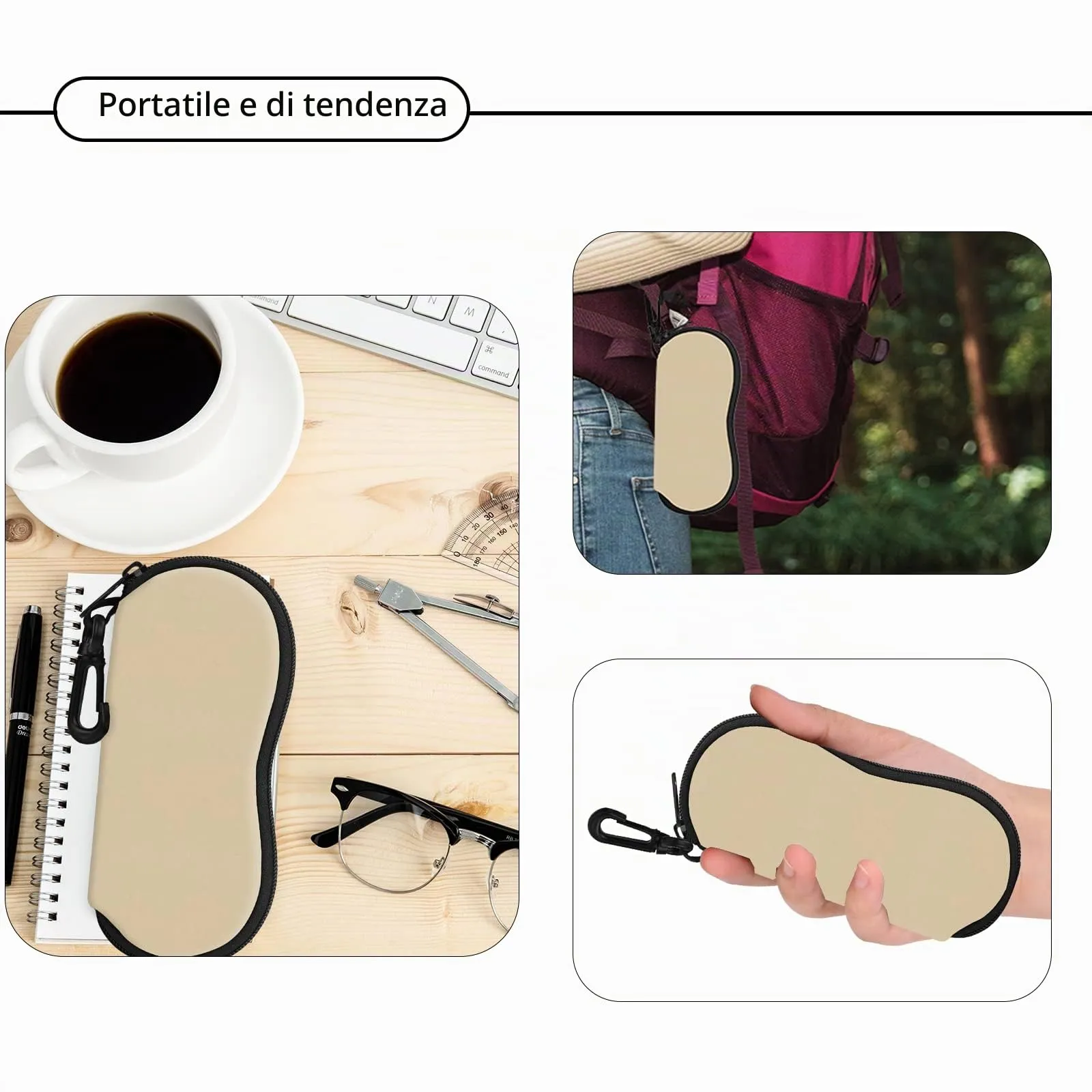 Hion Custodia morbida per occhiali da sole in neoprene con clip da cintura e cerniera, stampata (Cachi) - immagine 5