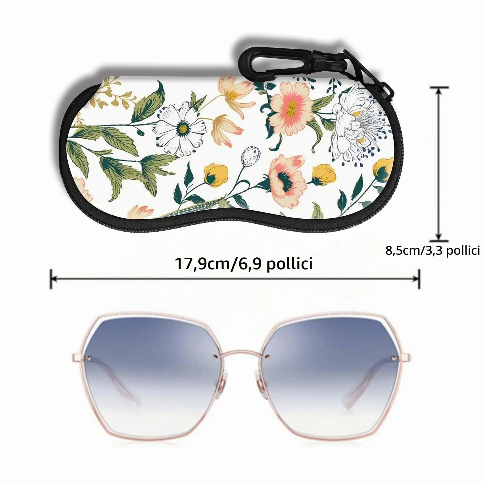 Hion Custodia morbida per occhiali da sole in neoprene con cerniera e clip da cintura, stampata (Cachi) - immagine 2