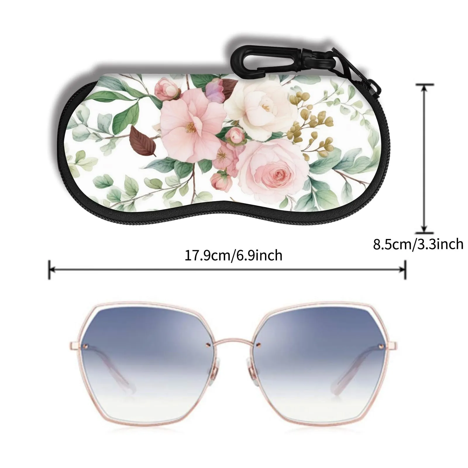 Hion Custodia morbida per occhiali da sole in neoprene con clip da cintura e cerniera, stampa fiori - immagine 2