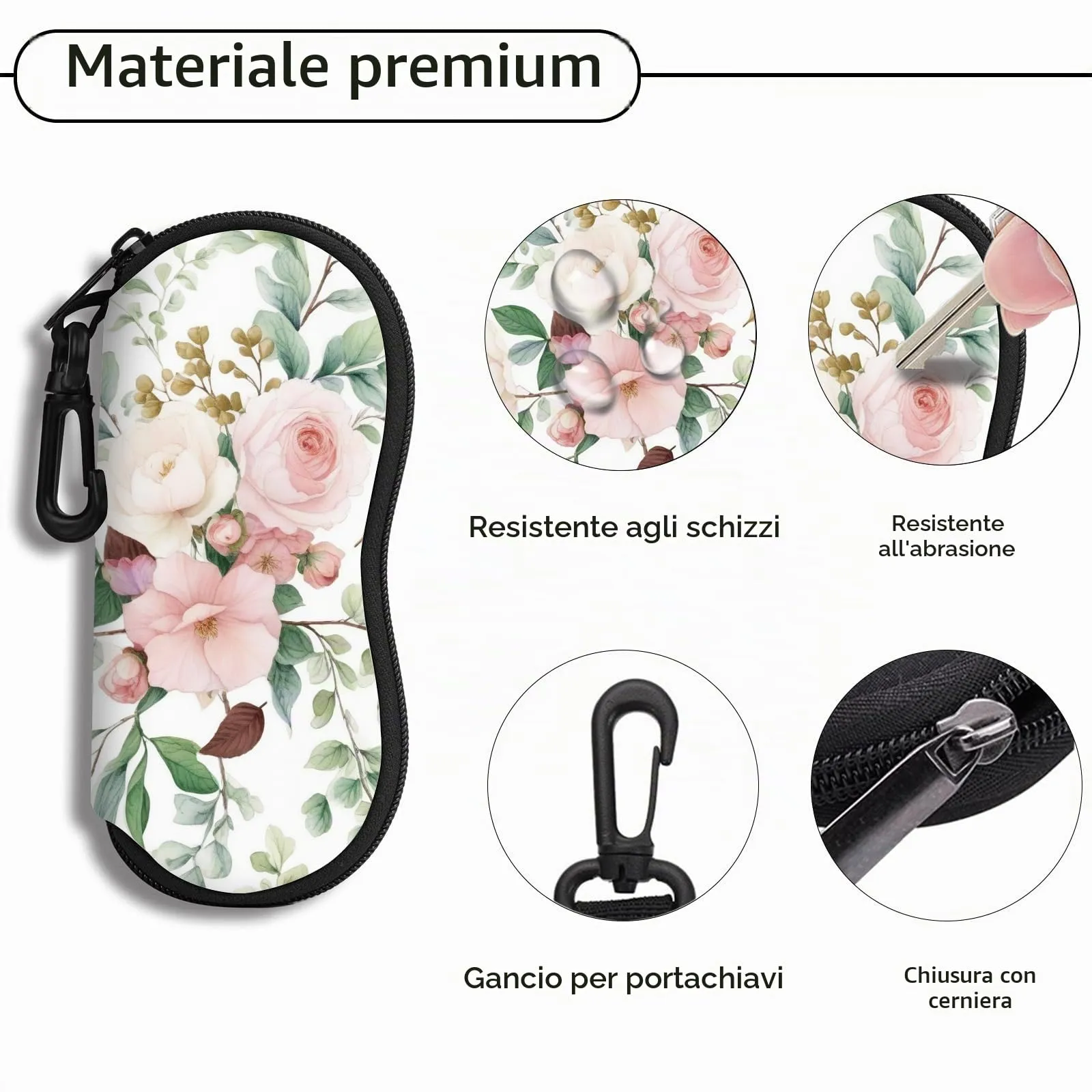 Hion Custodia morbida per occhiali da sole in neoprene con clip da cintura e cerniera, stampa fiori - immagine 3