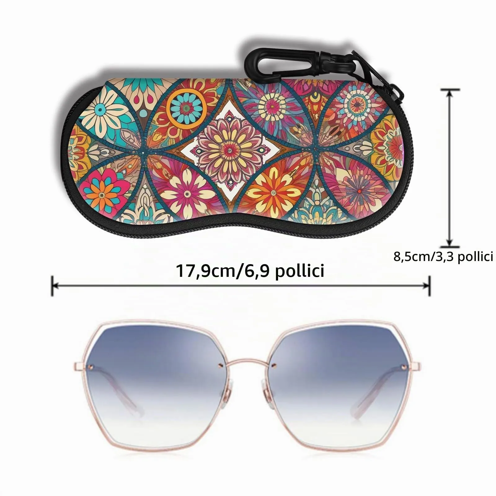 Hion Custodia Morbida per Occhiali da Sole in Neoprene con Cerniera e Clip da Cintura, Stampa Mandala - immagine 2