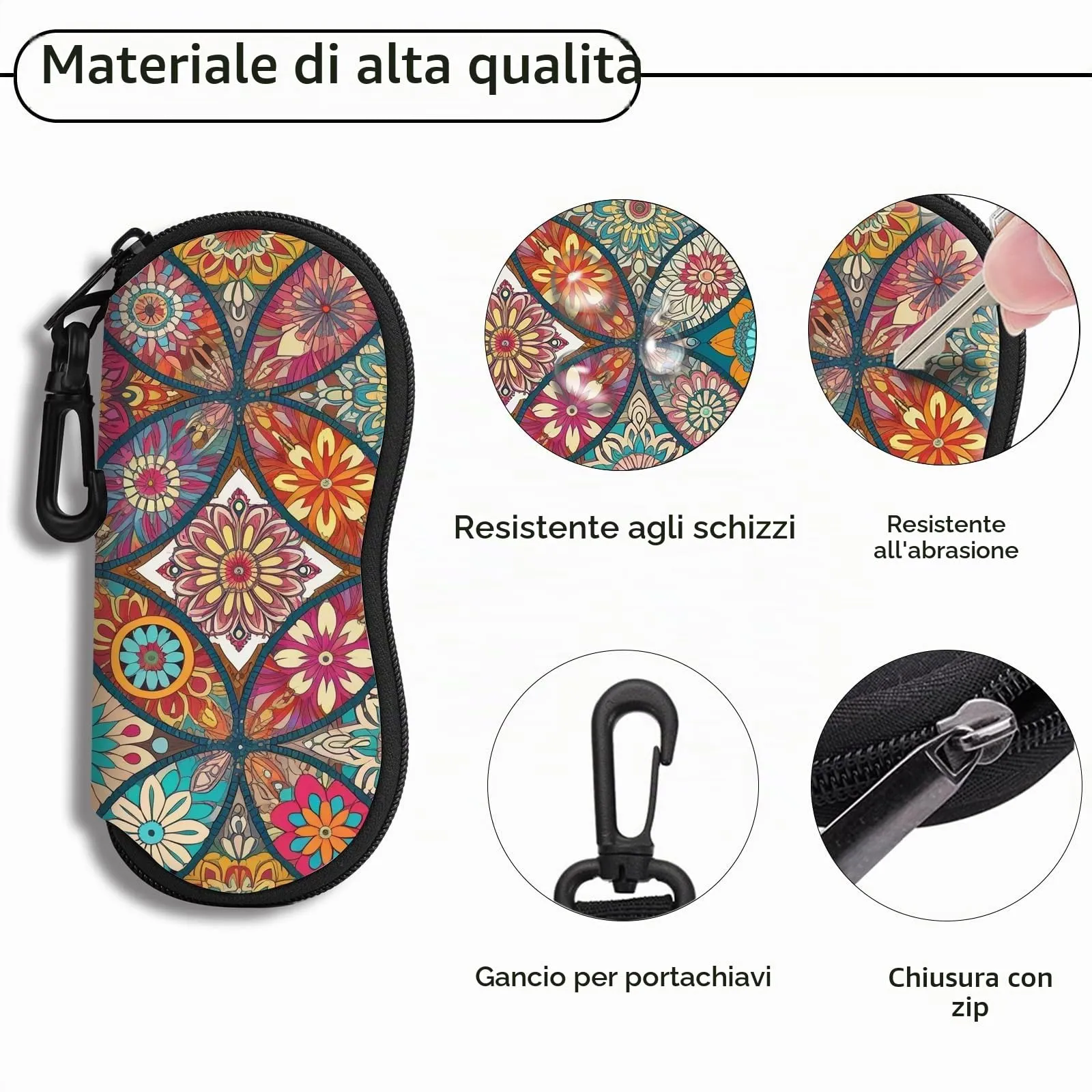 Hion Custodia Morbida per Occhiali da Sole in Neoprene con Cerniera e Clip da Cintura, Stampa Mandala - immagine 3