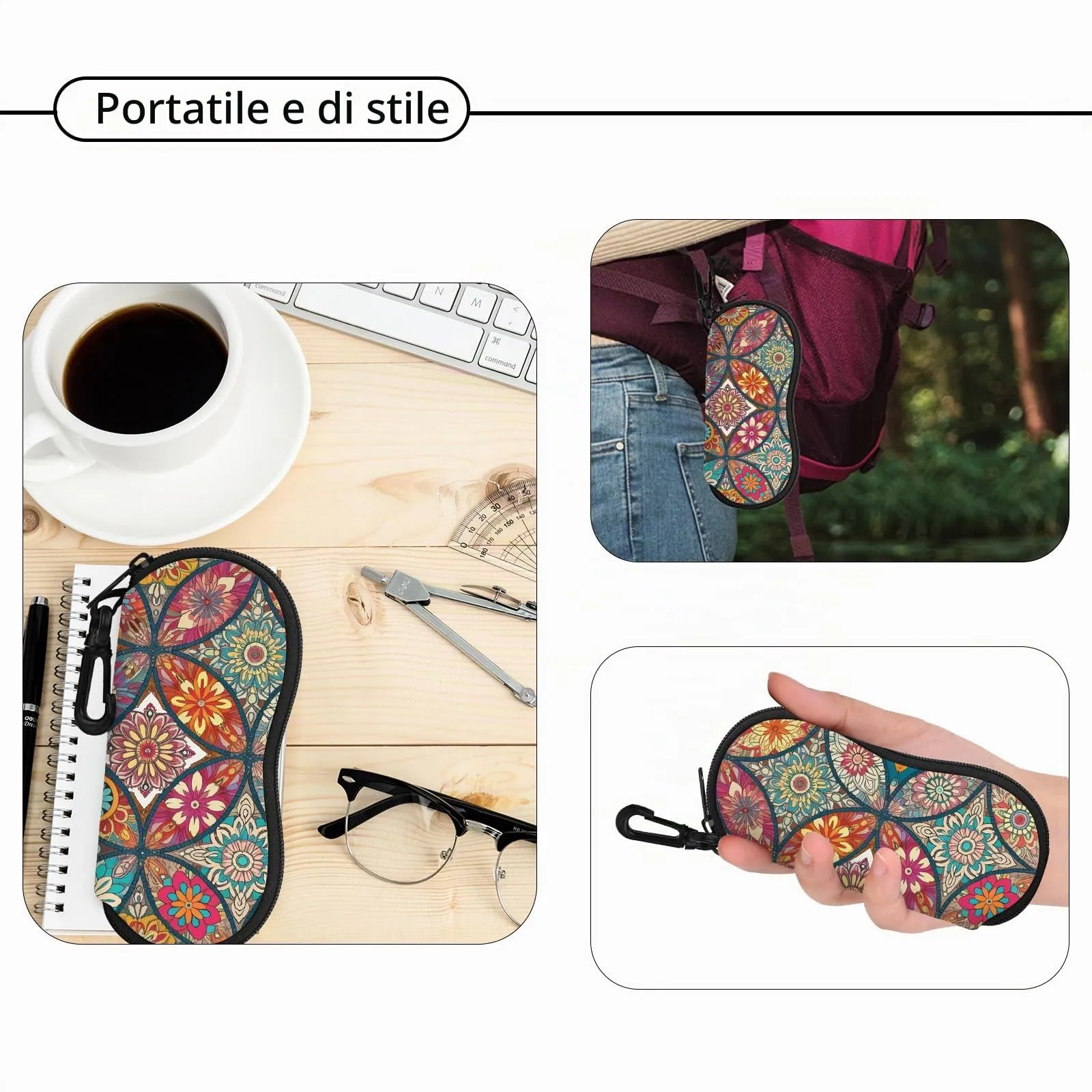 Hion Custodia Morbida per Occhiali da Sole in Neoprene con Cerniera e Clip da Cintura, Stampa Mandala - immagine 5