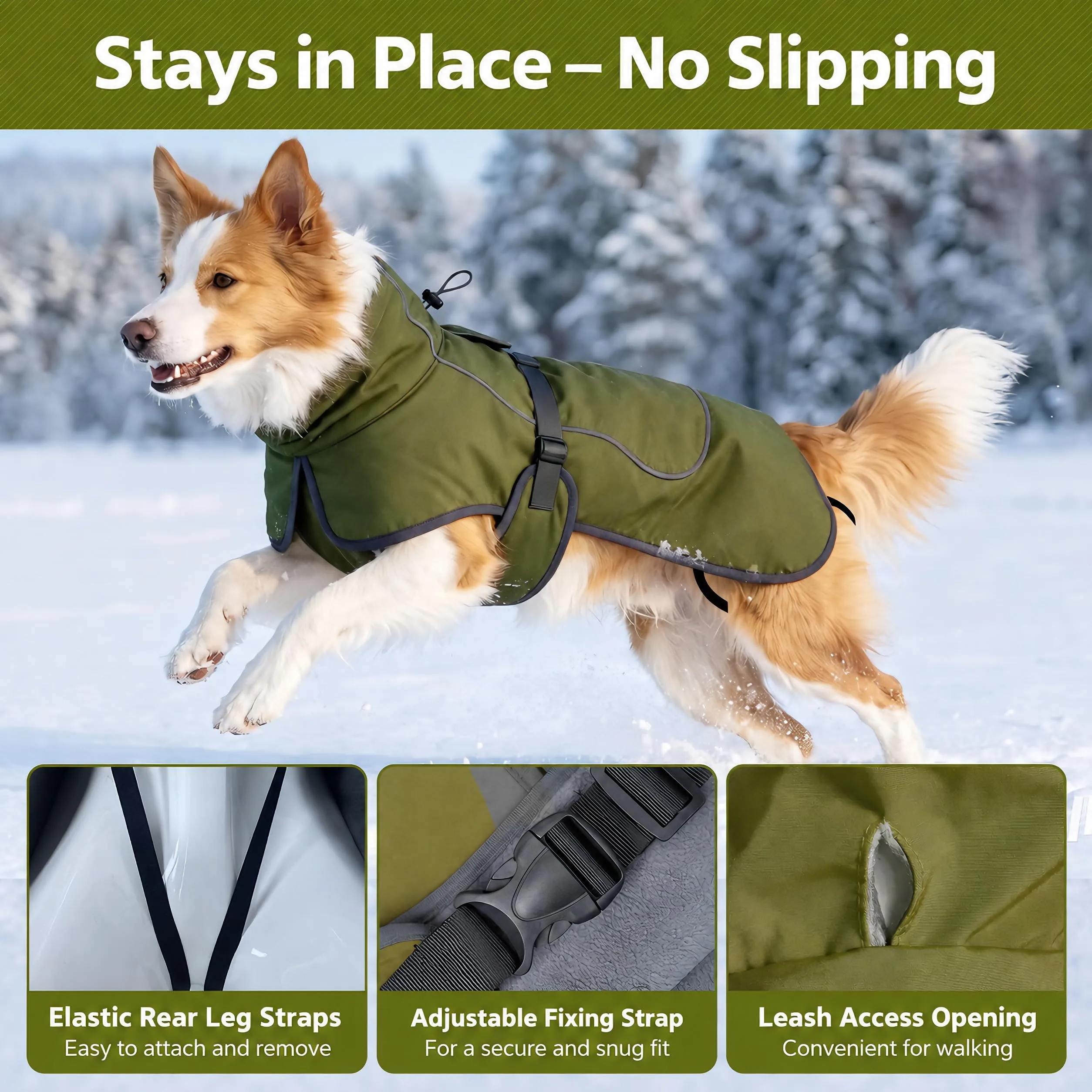 HEYWEAN Giacca impermeabile e riflettente per cani con fodera in pile, verde, Taglia L - immagine 6