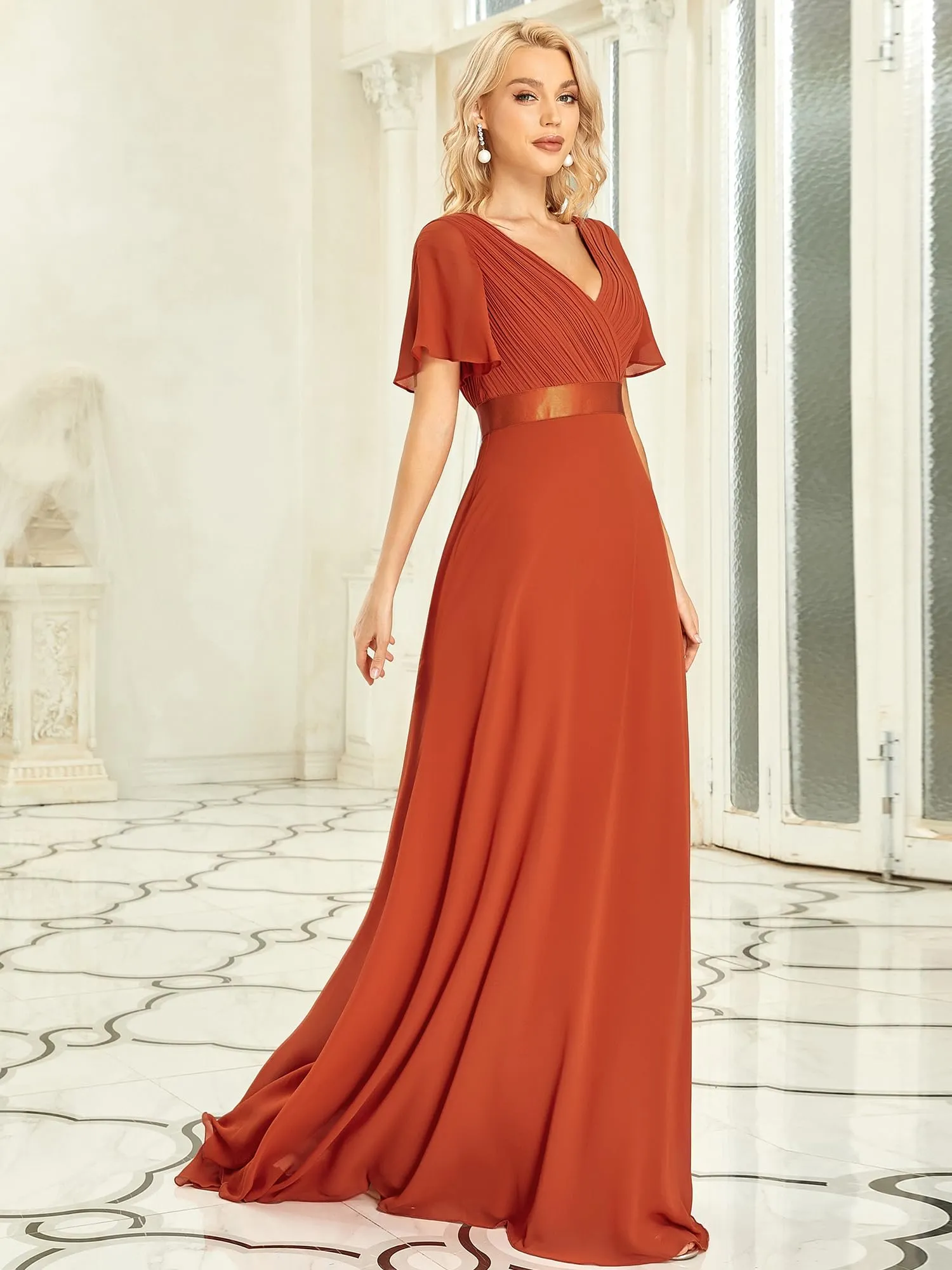 Ever-Pretty Abito da Sera a Linea A con Maniche a Volant, Arancione, 44 - immagine 3
