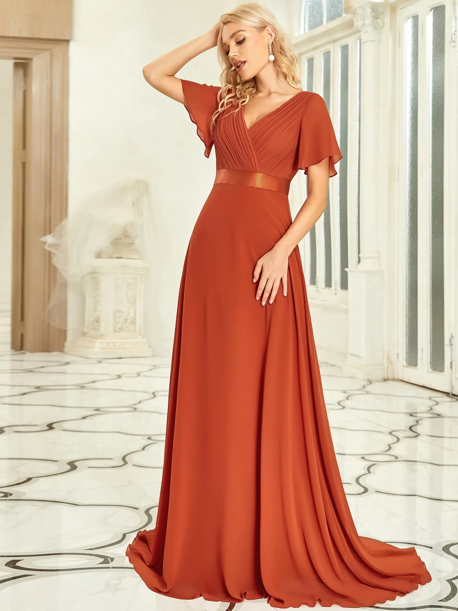 Ever-Pretty Abito da Sera a Linea A con Maniche a Volant, Arancione, 44 - immagine 4