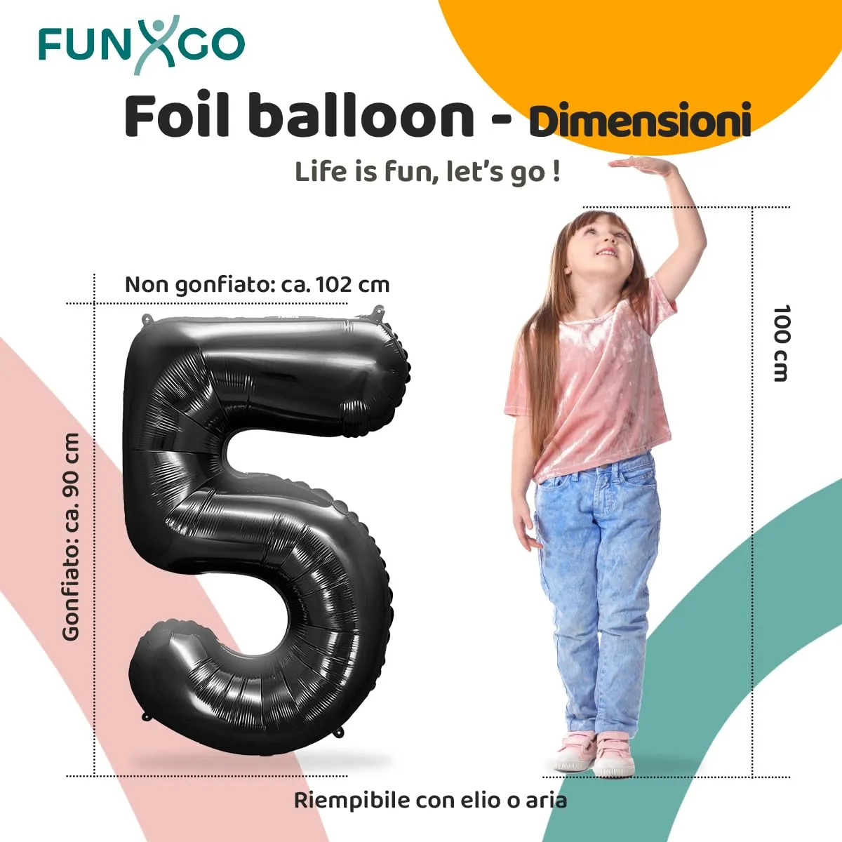 FUNXGO Palloncino in Pellicola Numero 5 Nero 100 cm - immagine 2