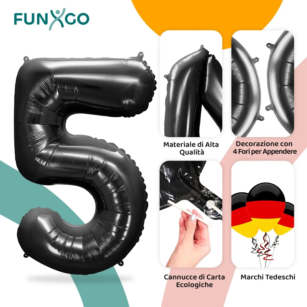 FUNXGO Palloncino in Pellicola Numero 5 Nero 100 cm - immagine 3