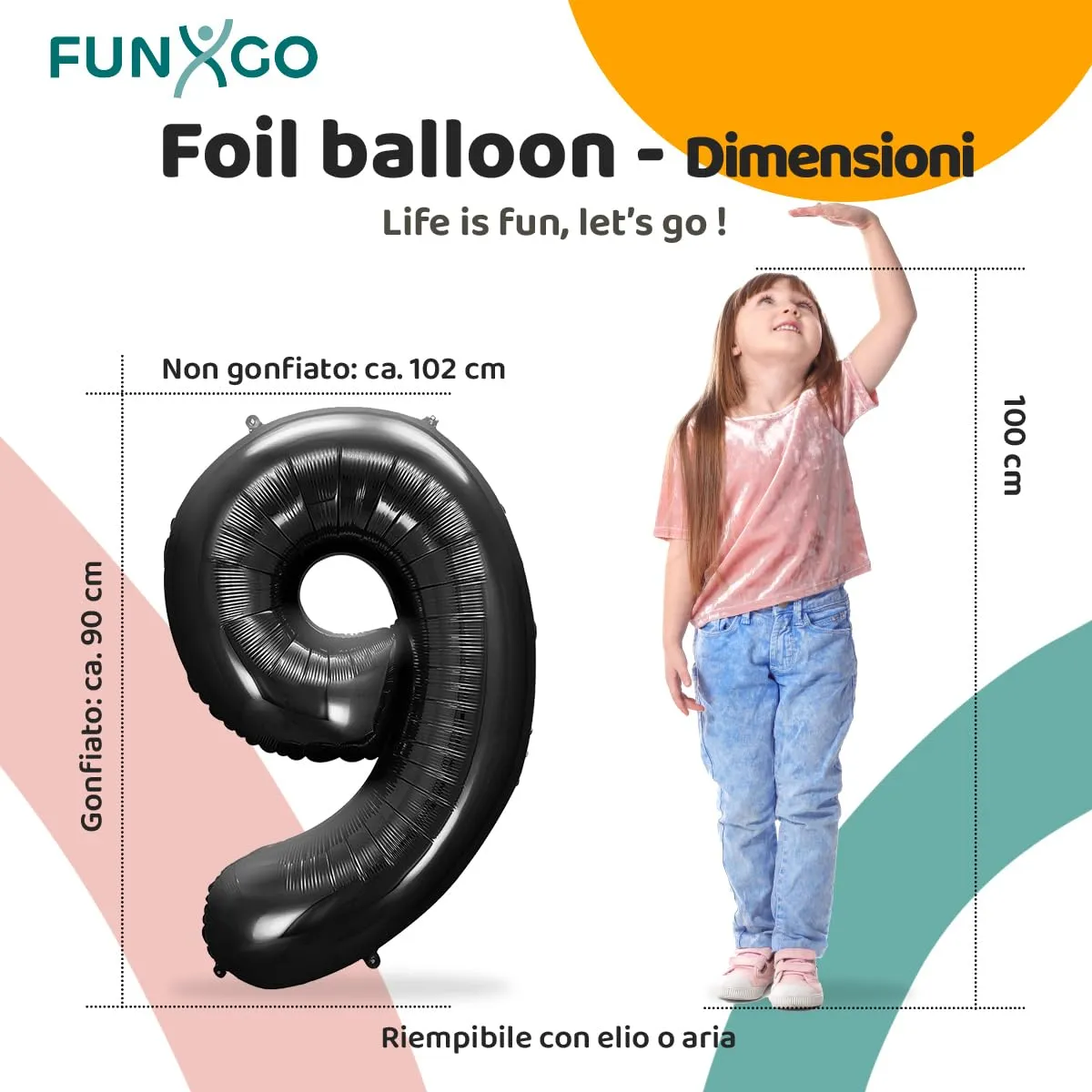FUNXGO Palloncino in pellicola numero 9, Nero, 100 cm - immagine 2