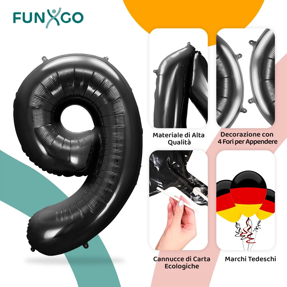 FUNXGO Palloncino in pellicola numero 9, Nero, 100 cm - immagine 3
