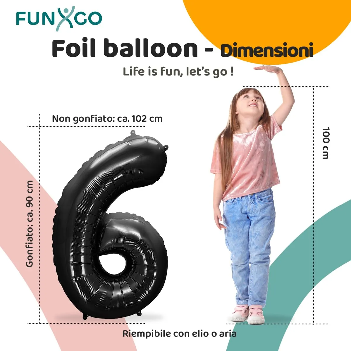 FUNXGO Palloncino in pellicola Numero 6, Nero, 100 cm - immagine 2