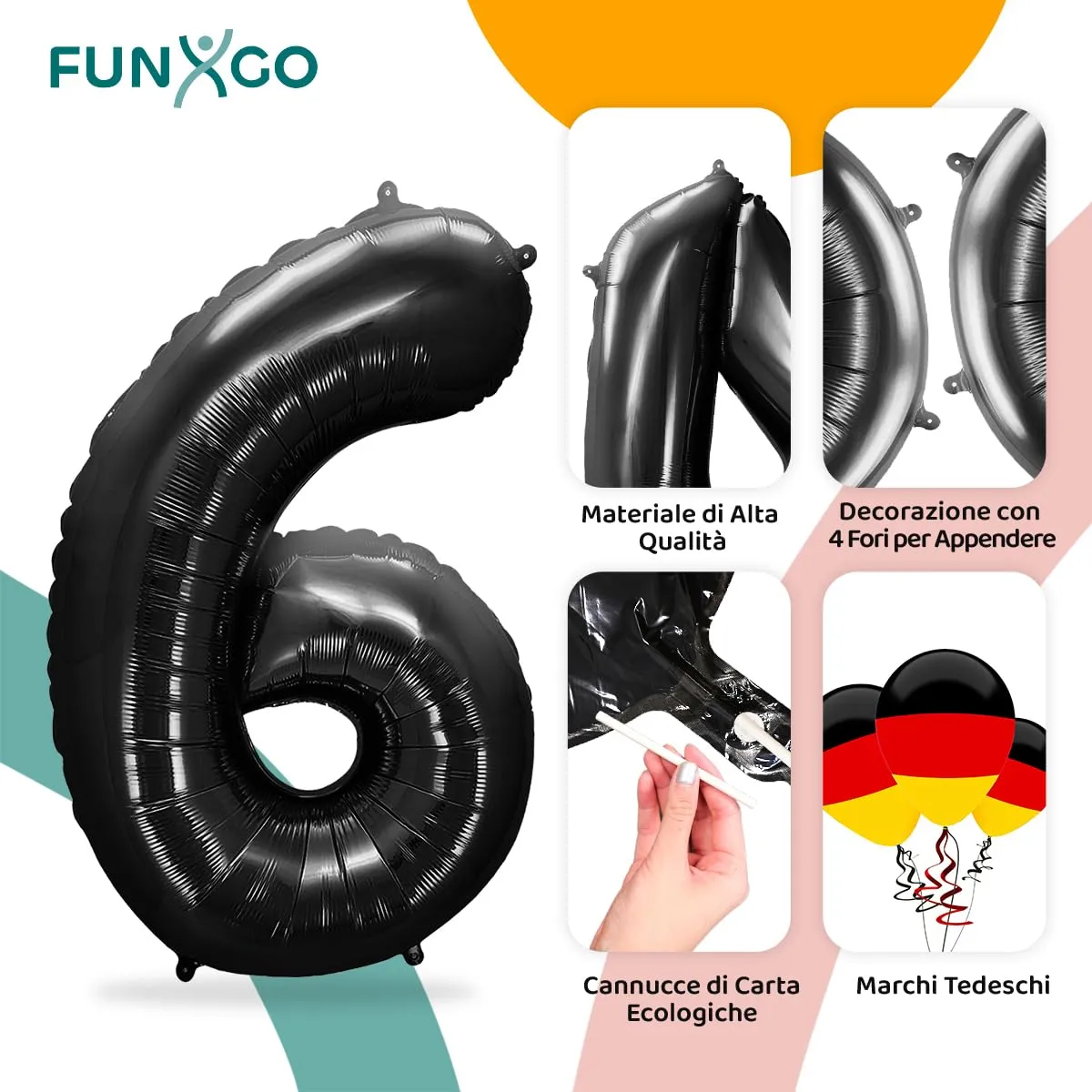 FUNXGO Palloncino in pellicola Numero 6, Nero, 100 cm - immagine 3
