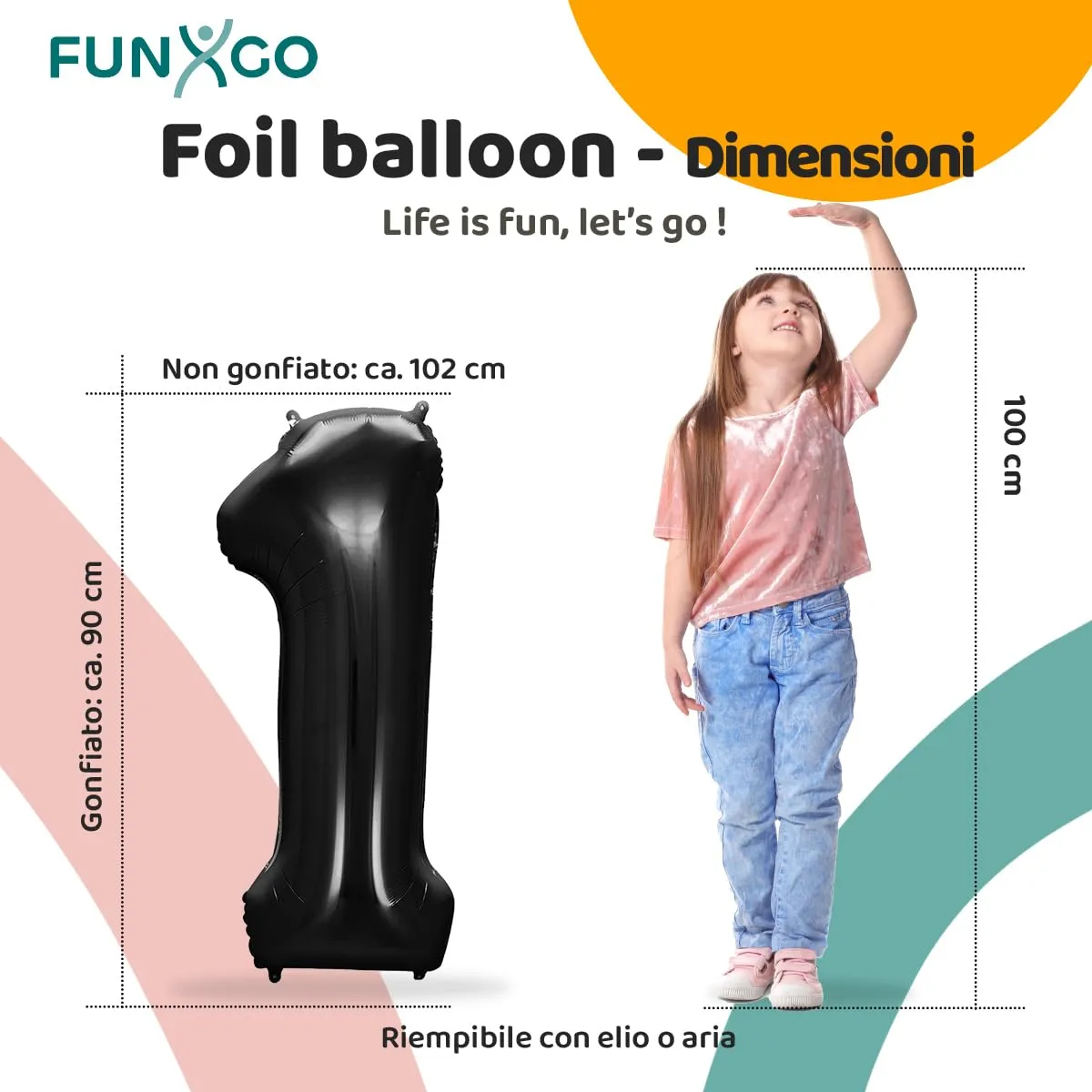 FUNXGO Palloncino in pellicola numero 1 nero, 100 cm - immagine 2