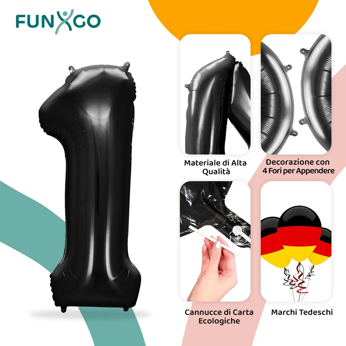 FUNXGO Palloncino in pellicola numero 1 nero, 100 cm - immagine 3